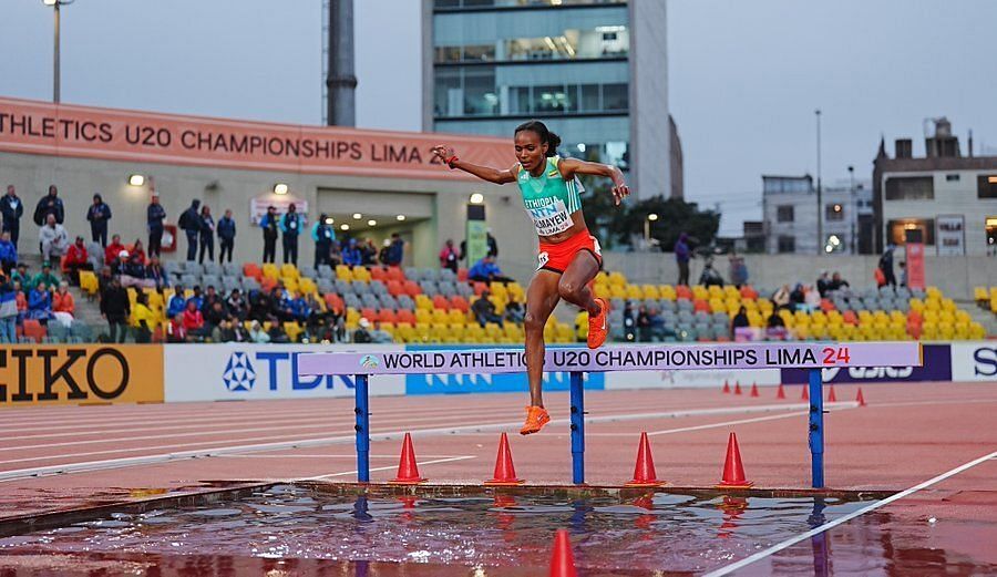 Sembo Almayew of Ethiopia in action at the World Athletics Junior U20 Championships in Lima [Image Source :  X@WorldAthletics]