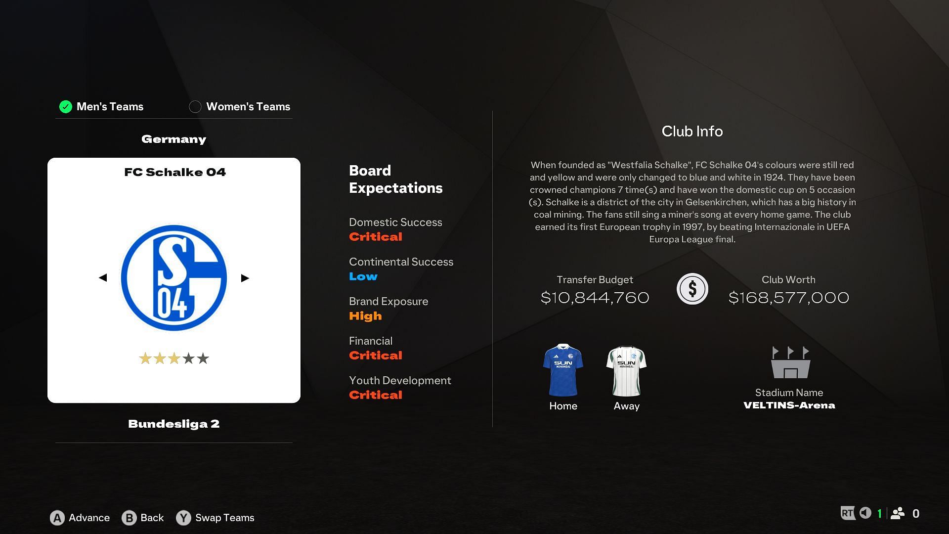 Schalke 04 Club description (Image via EA Sports)