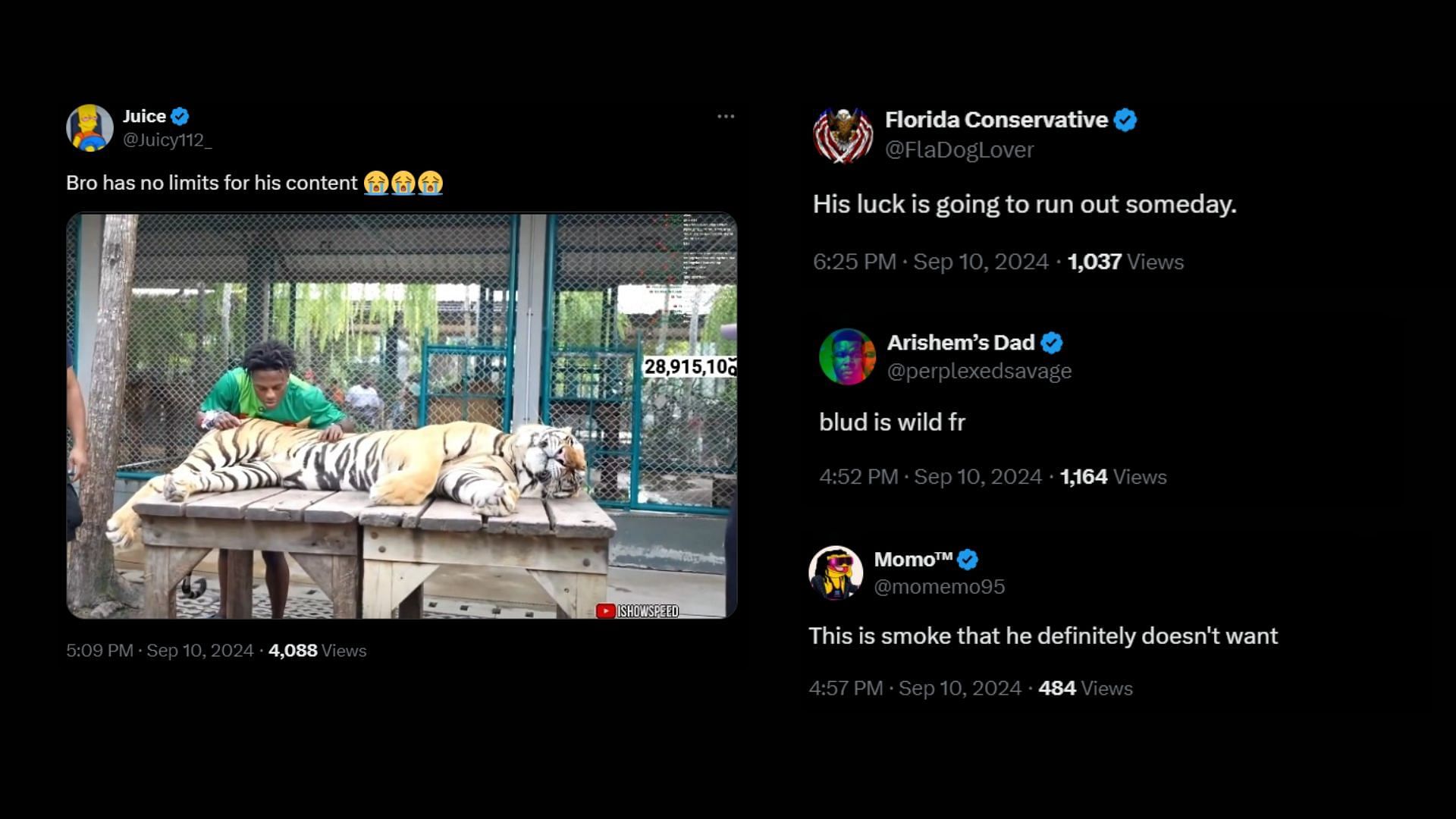 Fans on X reacted to IShowSpeed&#039;s interaction with a tiger, and many of them pointed out how daring he is (Images via @FearedBuck/X)