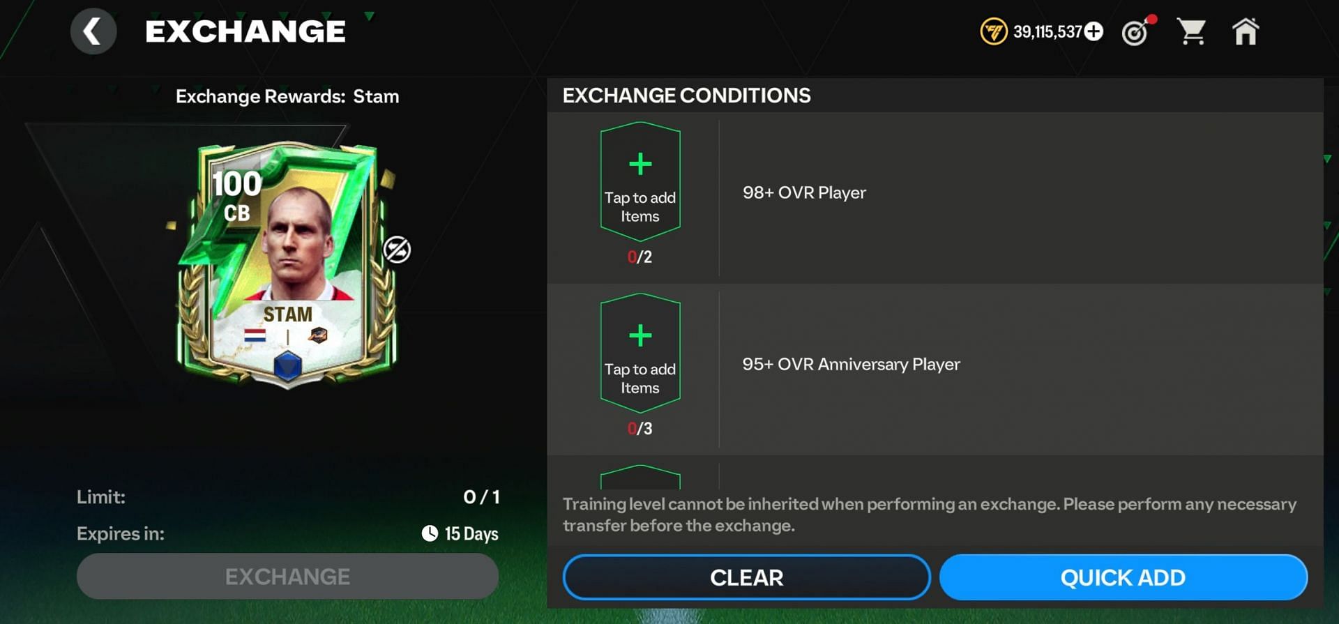 Exchange criteria for Jaap Stam Exchange (Image via EA Sports)