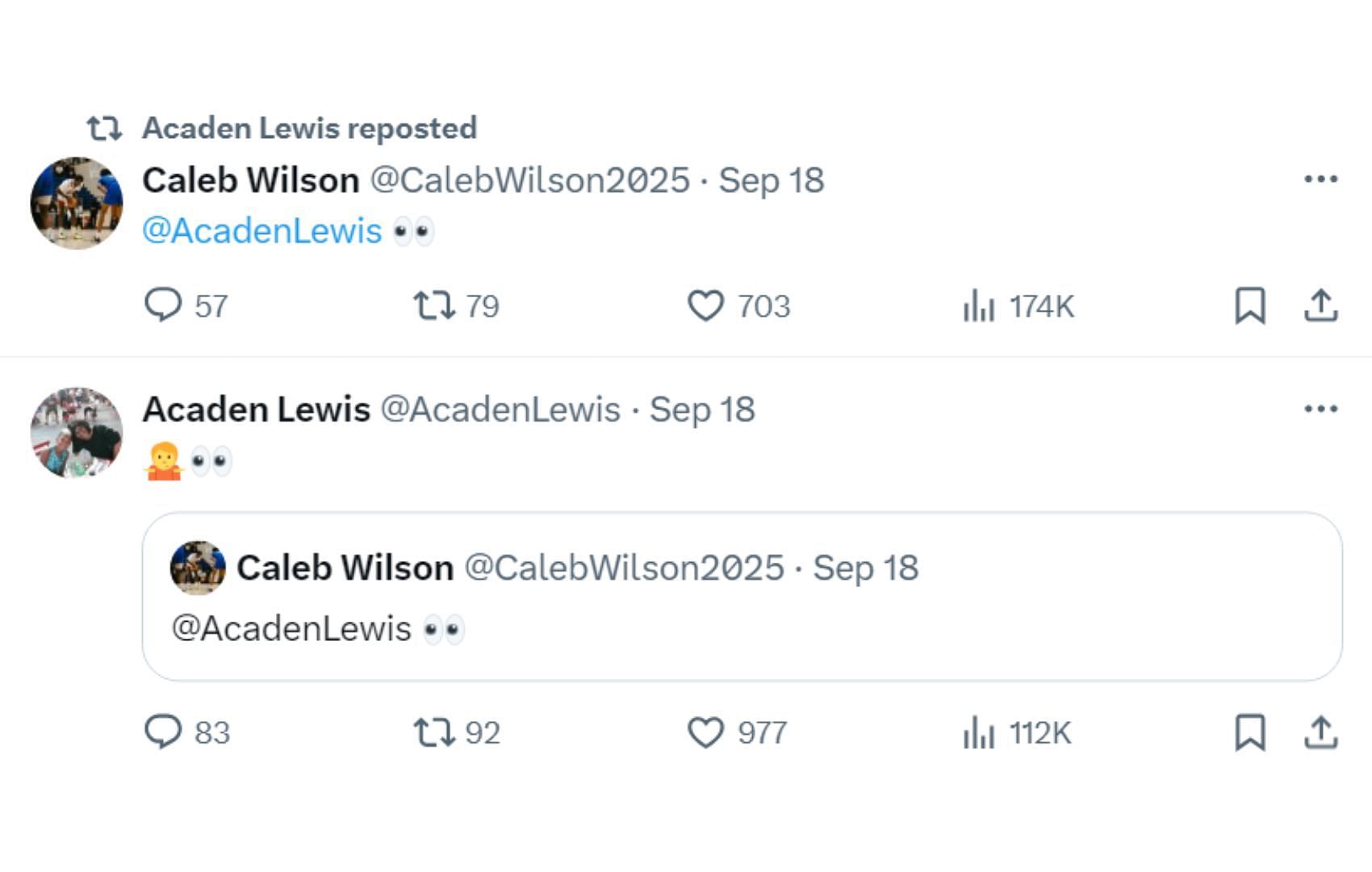 Acaden Lewis and Caleb Wilson exchanging tweets