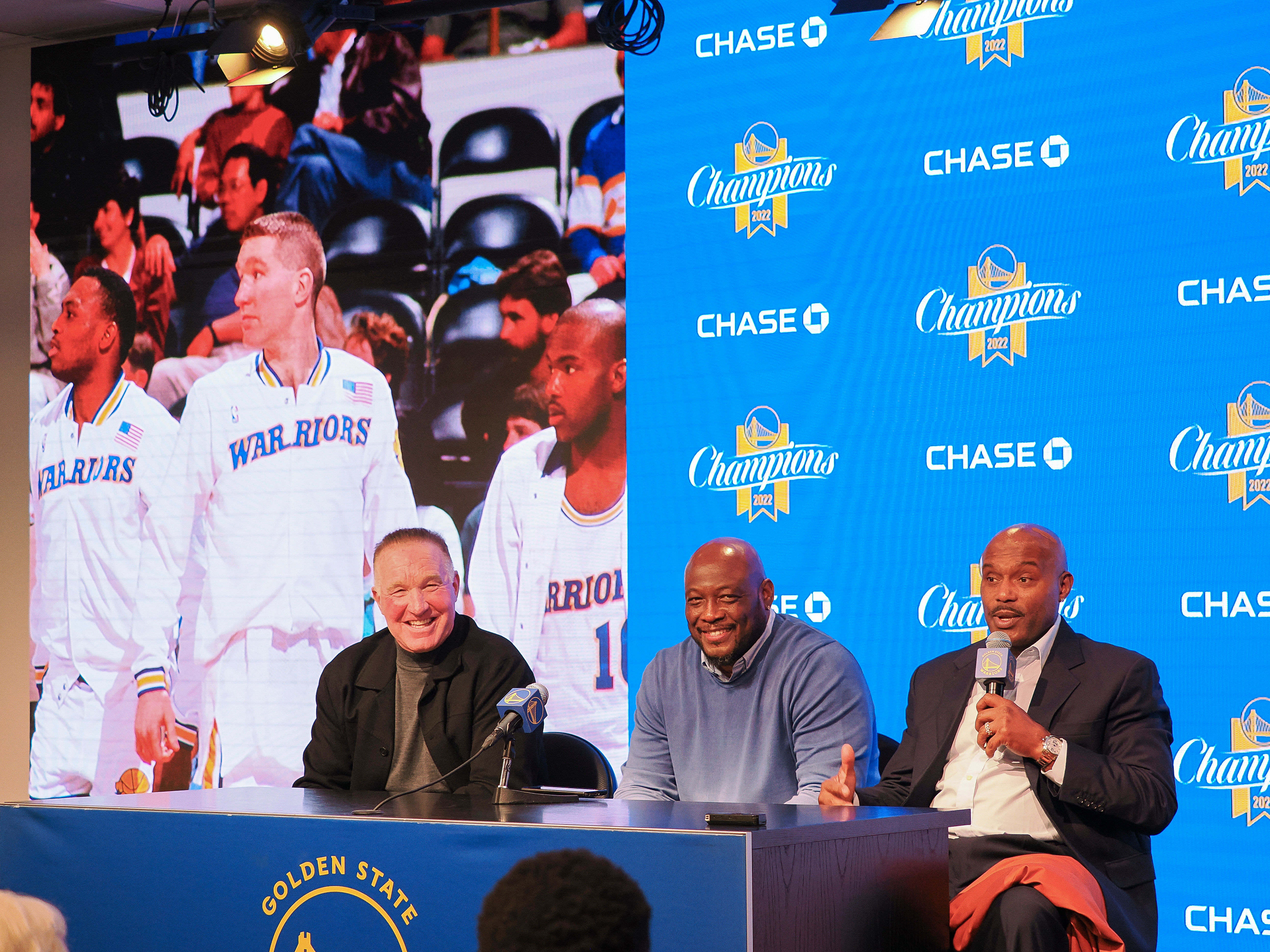 Former Golden State Warriors players Chris Mullin, Mitch Richmond and Tim Hardaway, collectively known as Run TMC during a press conference at Chase Center. Photo Credit: Imagn