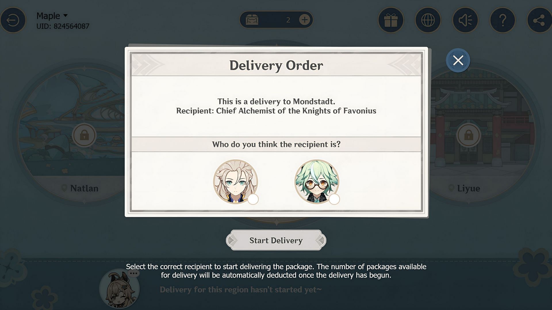 You must choose the correct order recipient based on the information given (Image via HoYoverse)