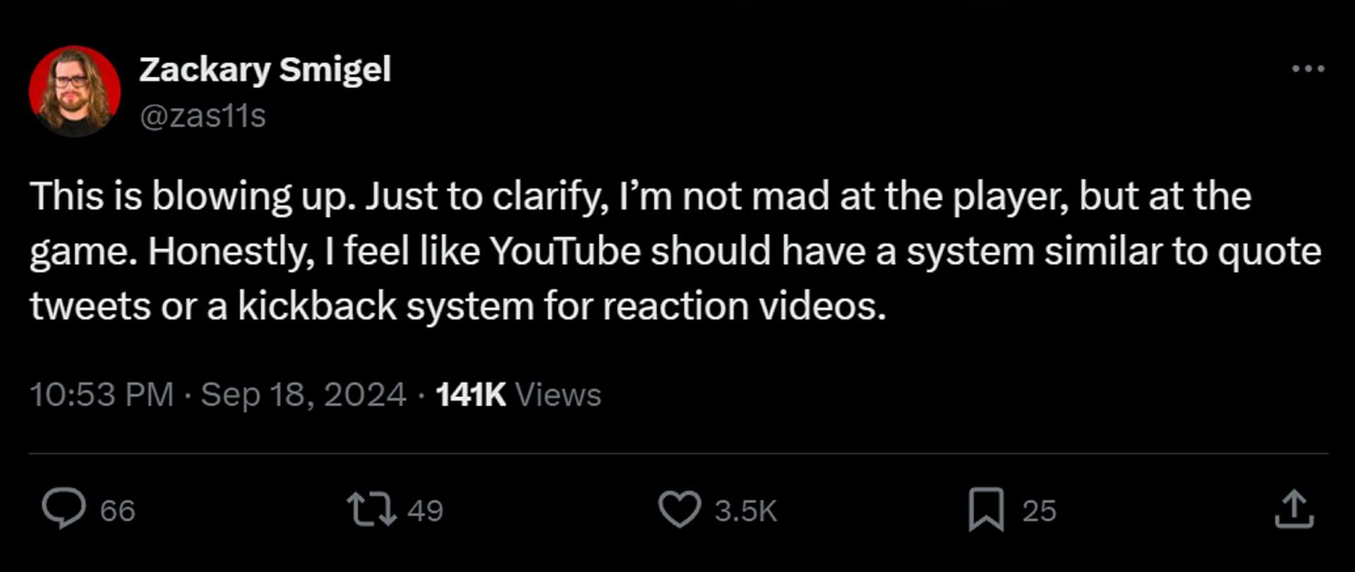 Zackary Smigel asks YouTube to create a system to prevent such things (Image via X/Zackary Smigel)