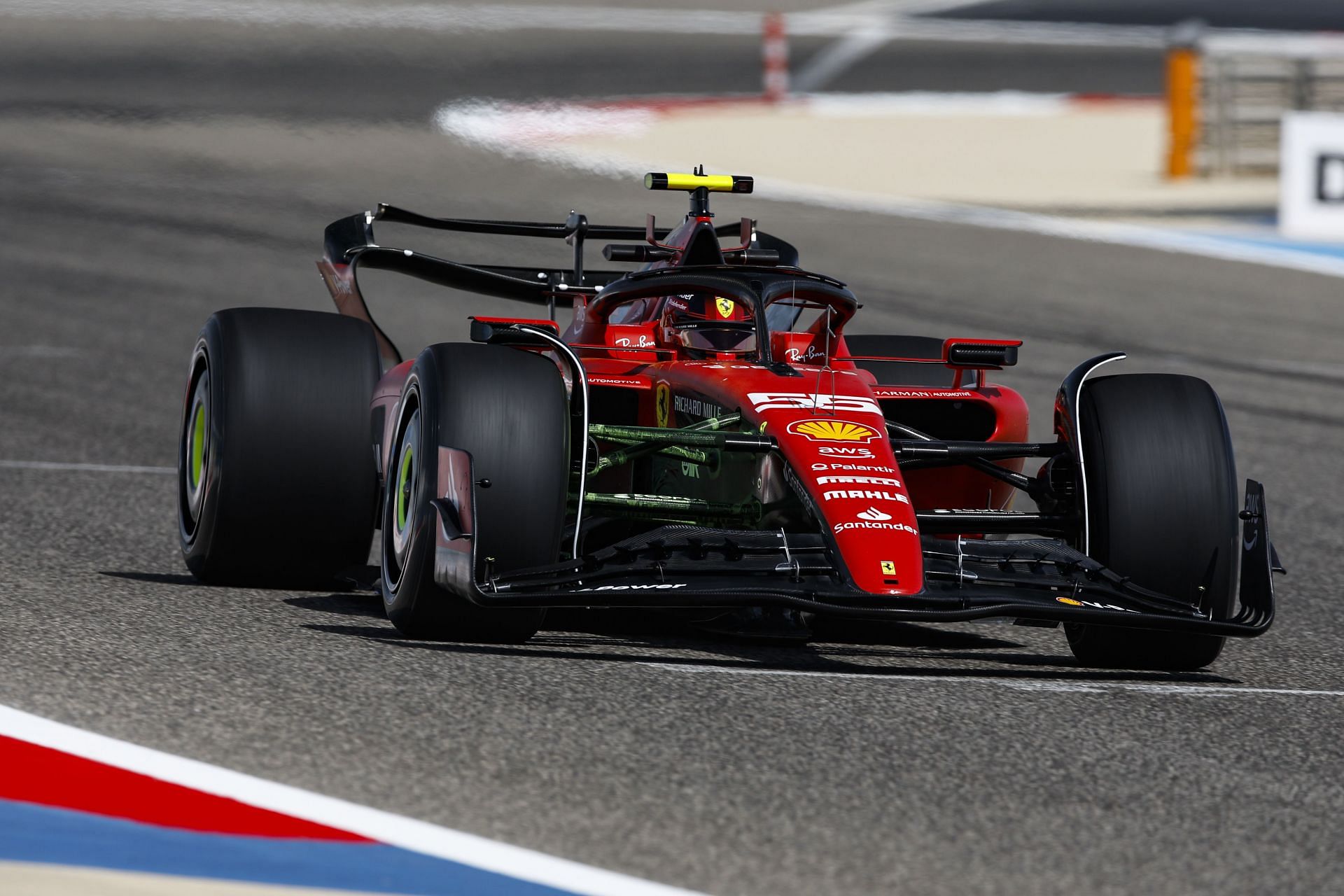 Ferrari SF-23 during pre-season testing in Bahrain, 2023. The DRS on the rear wing is in &quot;open position&quot; (Image from Getty Images)