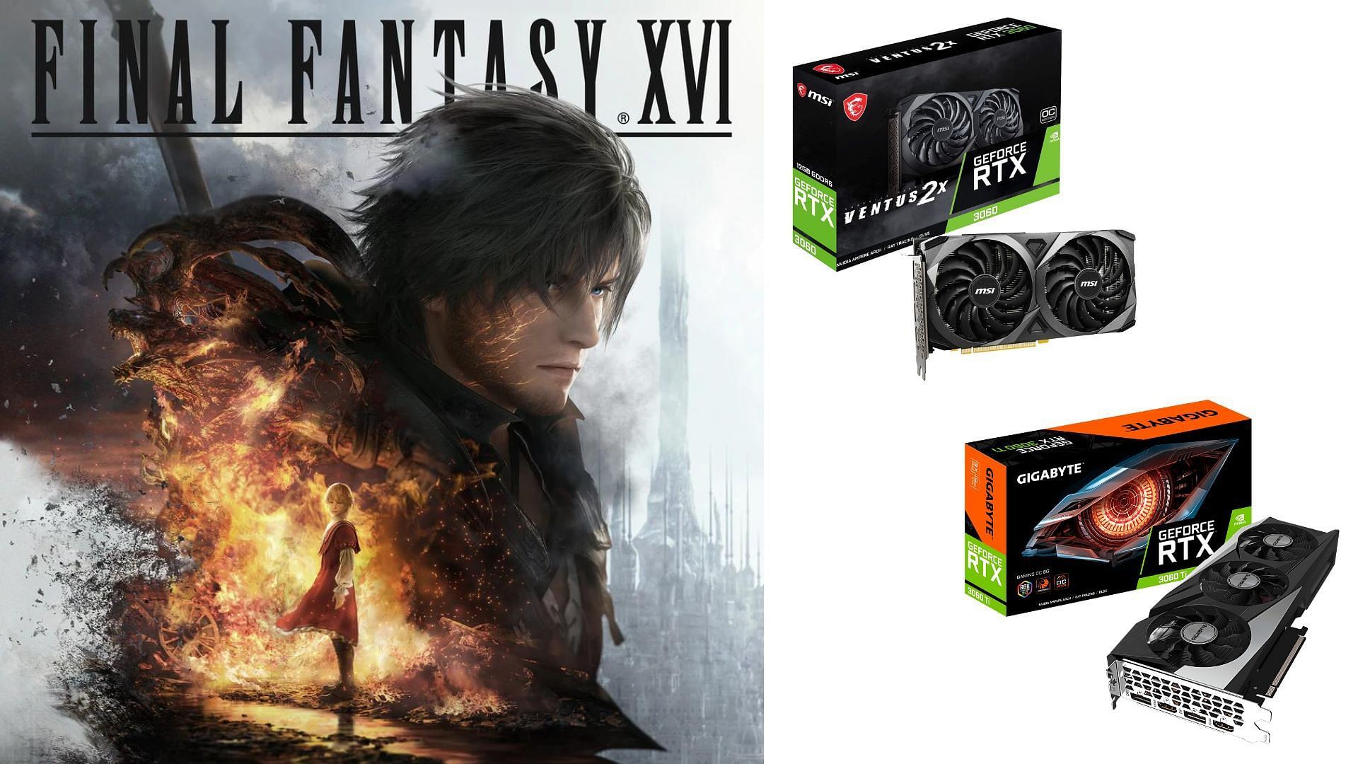 The best graphics settings for Final Fantasy 16 PC on Nvidia RTX 3060 and RTX 3060 Ti (Image via PlayStation, Gigabyte, Amazon)