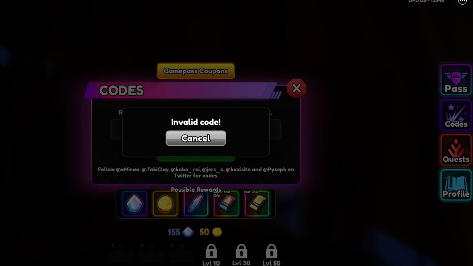 Invalid Code error message in Anime Vanguards (Image via Roblox)