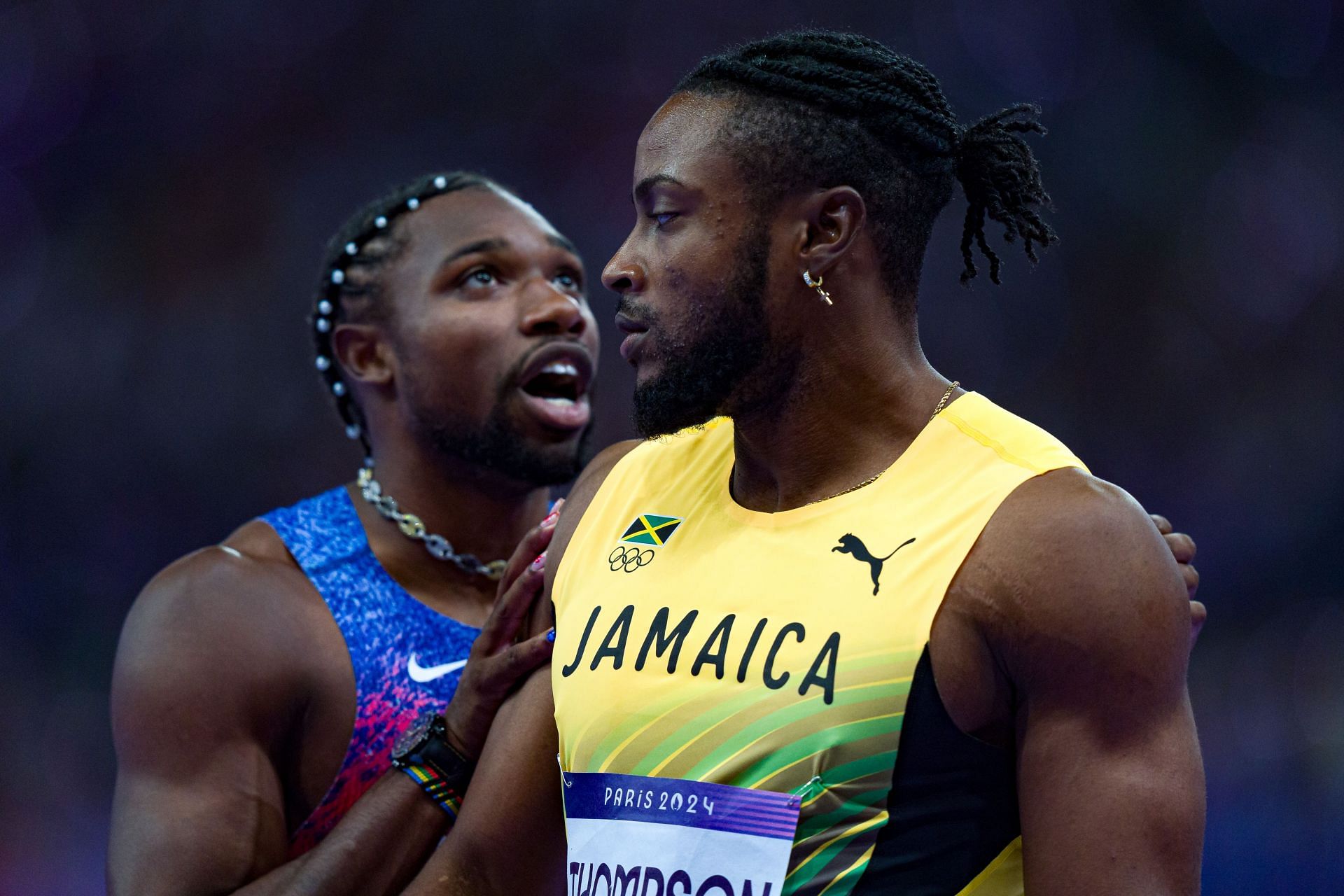 Noah Lyles and Kishane Thompson after the Men&#039;s 100m Final at the Olympic Games 2024 in Paris, France. (Photo by Getty Images)