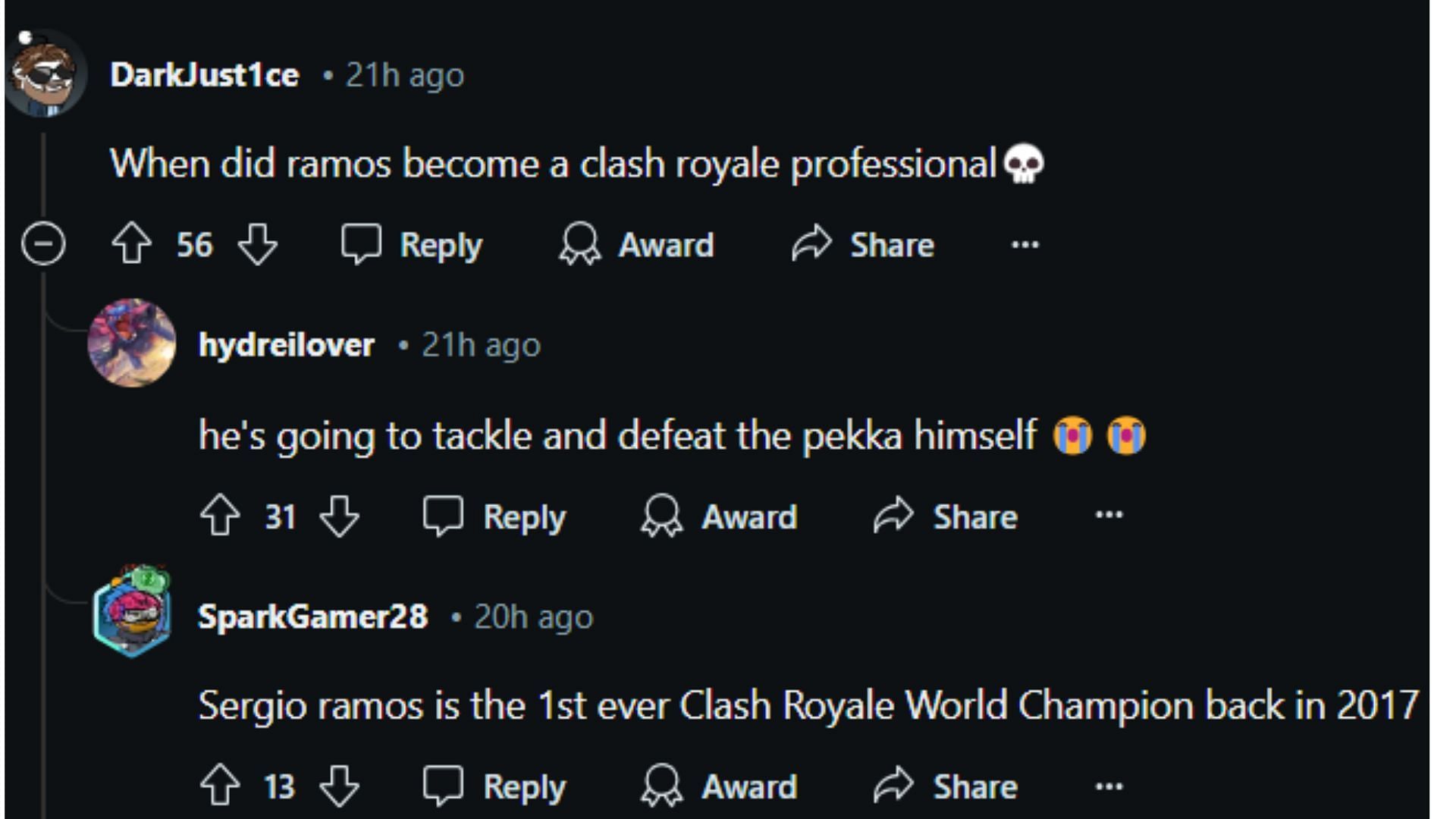 &quot;When did Ramos become a Clash Royale professional?&quot; (Image via Reddit)