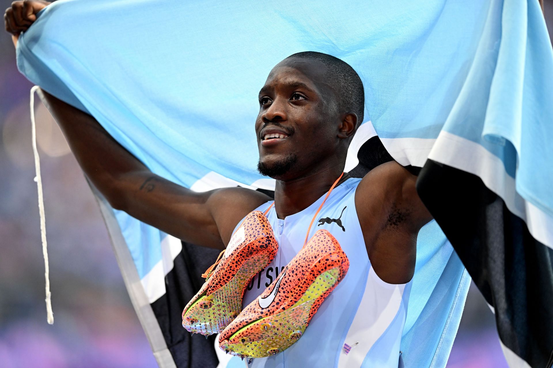 Letsile Tebogo celebrates after the Men&#039;s 200m Final at the Olympic Games 2024 at Stade de France in Paris, France. (Photo by Getty Images)