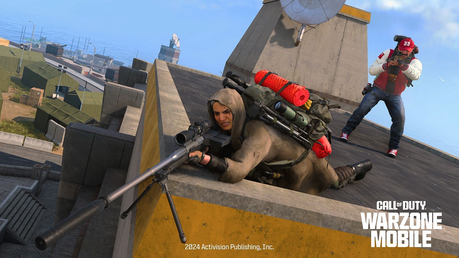 An Operator sniping from a rooftop in Warzone Mobile