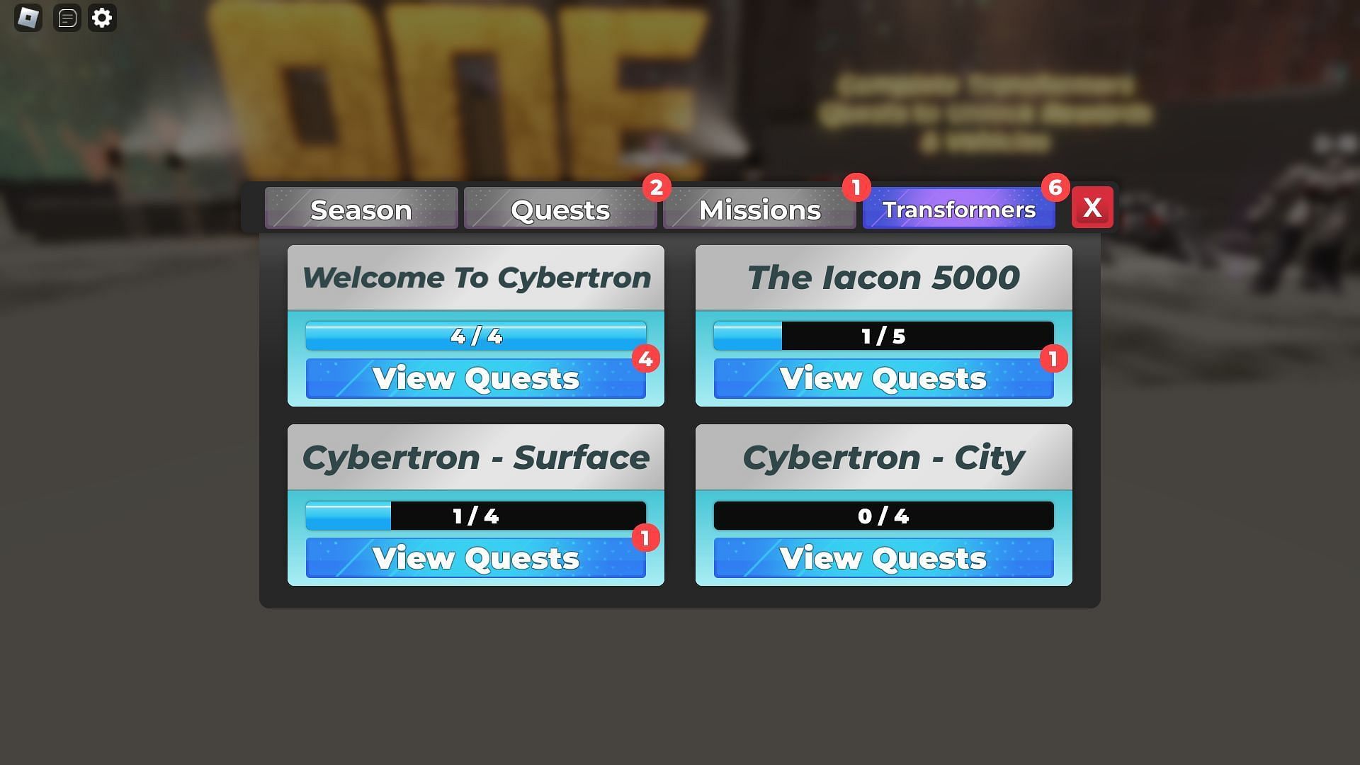 Complete Transformers quest for rewards (Image via Roblox)