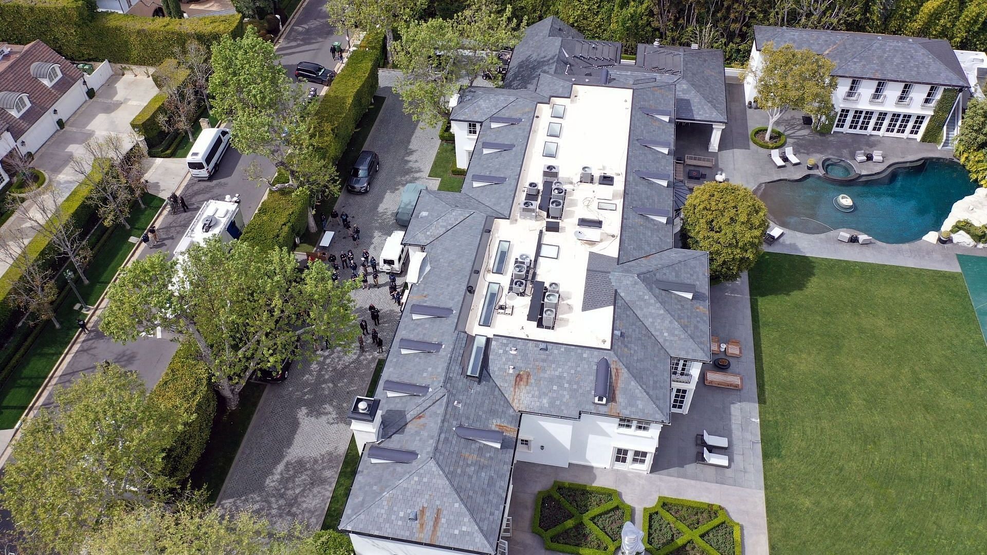 In an aerial view, the home of Sean &quot;Diddy&quot; Combs is seen during a raid by federal law enforcement agents on March 25, 2024 in Los Angeles, California. (Photo by MEGA/GC Images)