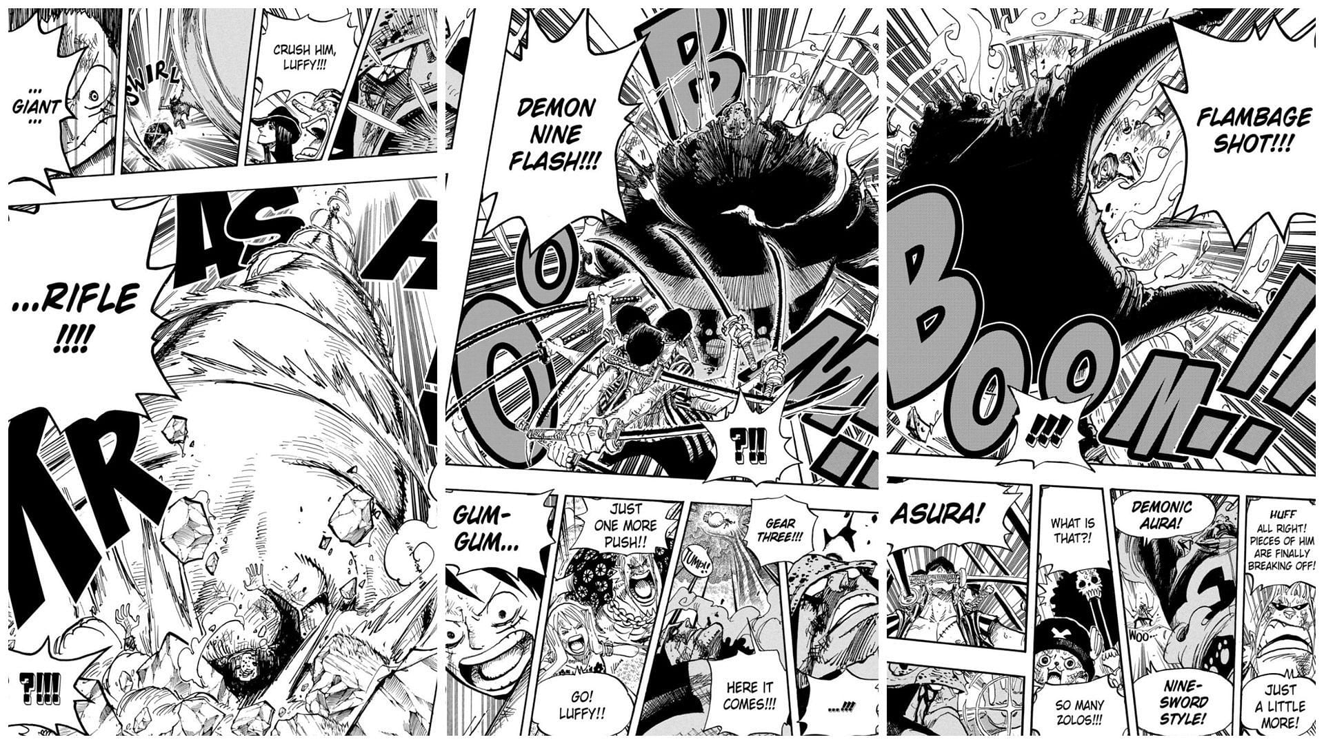 The Monster Trio defeats a Pacifista in One Piece chapter 510 (Image via Shueisha)