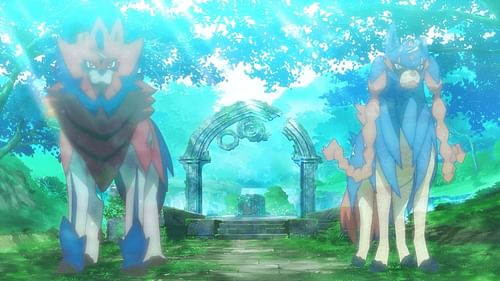 Crowned Shield Zamazenta and Crowned Sword Zacian in the anime (Image via The Pokemon Company)