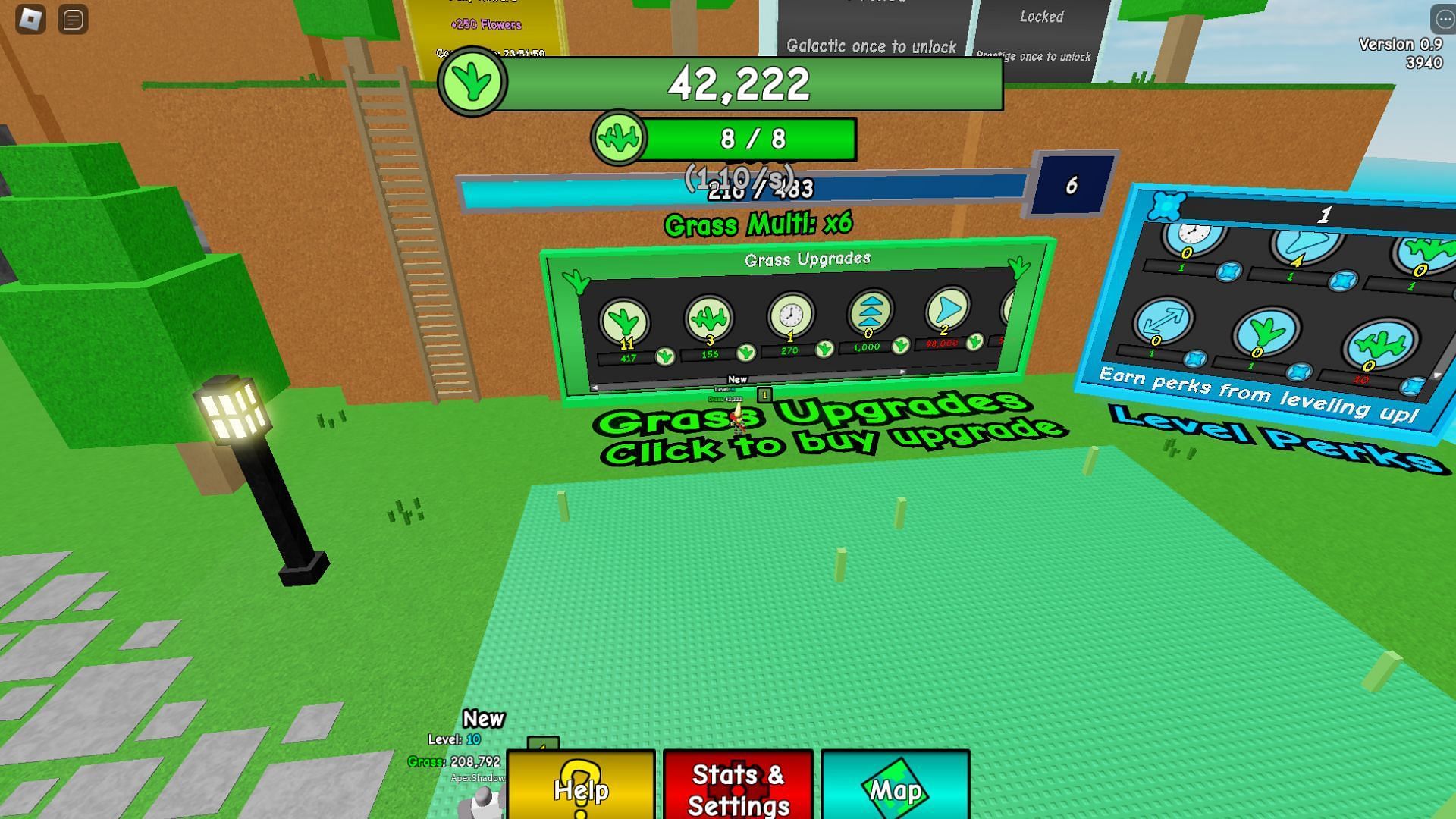 Buy Grass Upgrades by cutting down grasses (Image via Roblox)