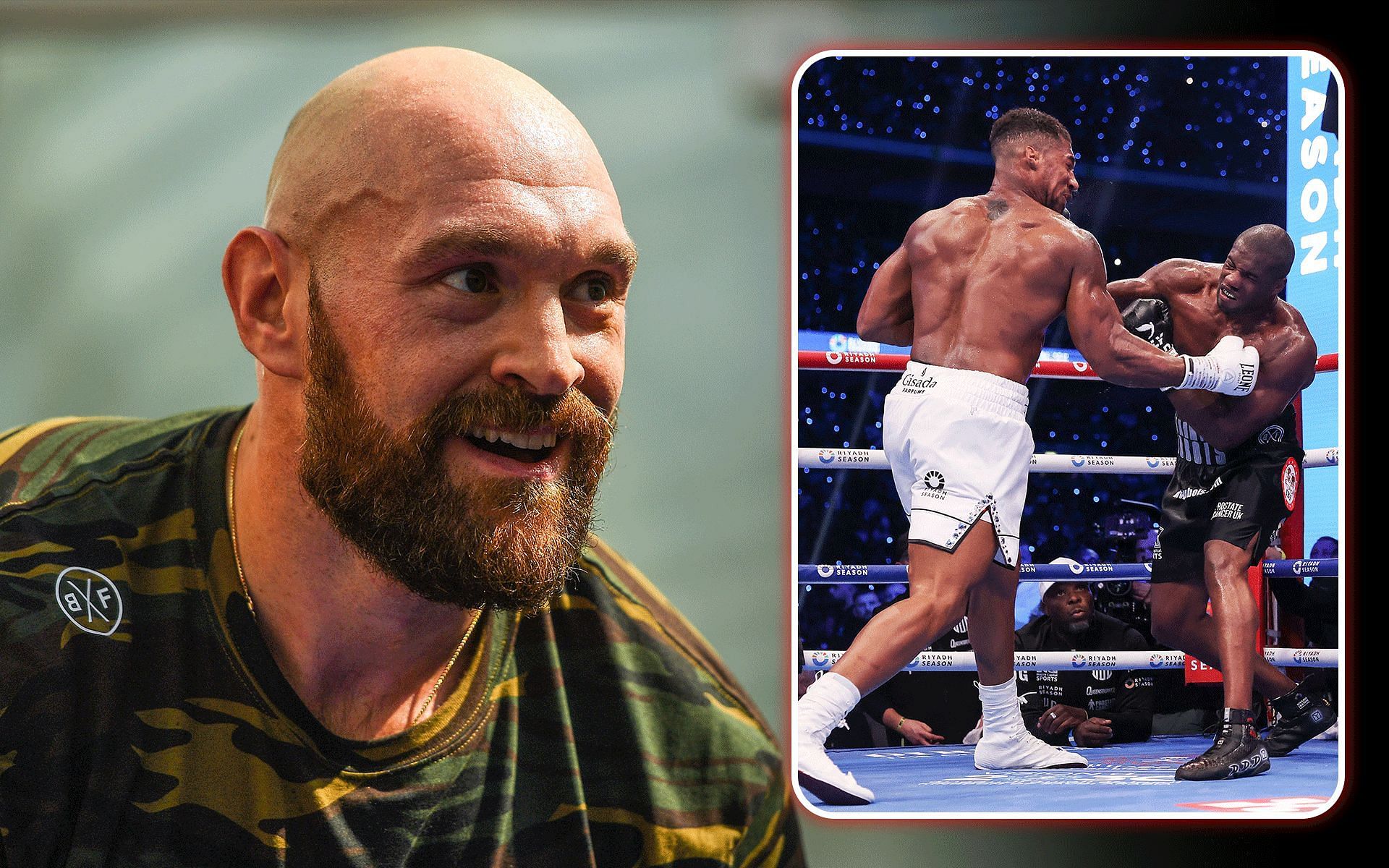 Tyson Fury (left) reacts to Anthony Joshua