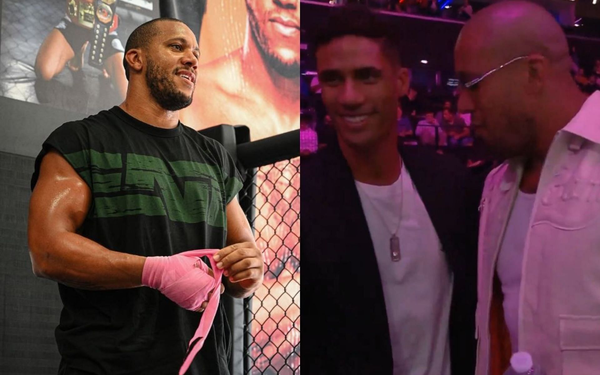 Ciryl Gane (left) meets Raphael Varane (right photo, left) at Ares FC 5. [Image credit: @ciryl_gane on Instagram., @UFCFightPass on X]