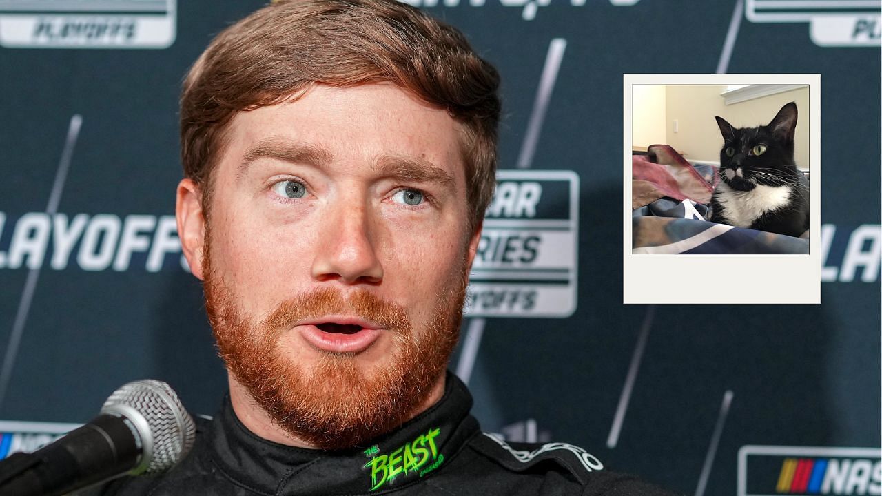 Tyler Reddick and his pet cat Tux (Background Image credit Imagn, inset credit Tyler Reddick on X)