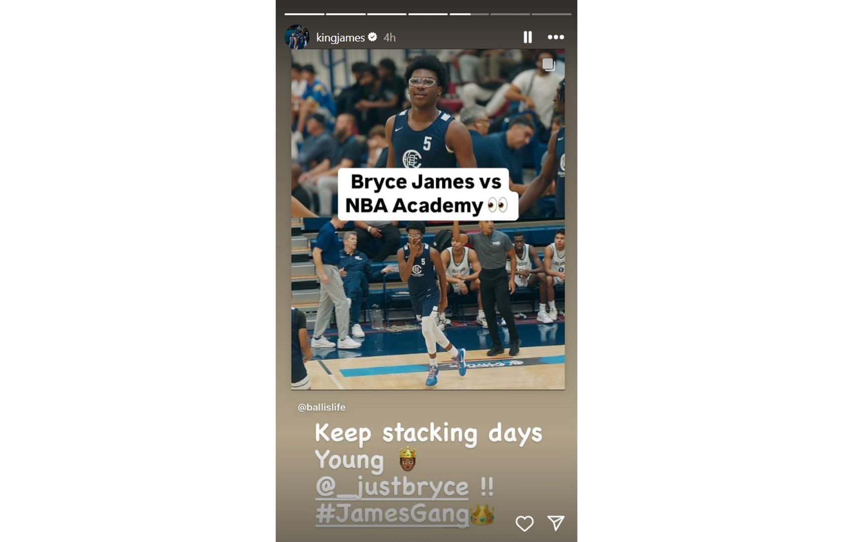 LeBron James' story repost for his son Bryce's game