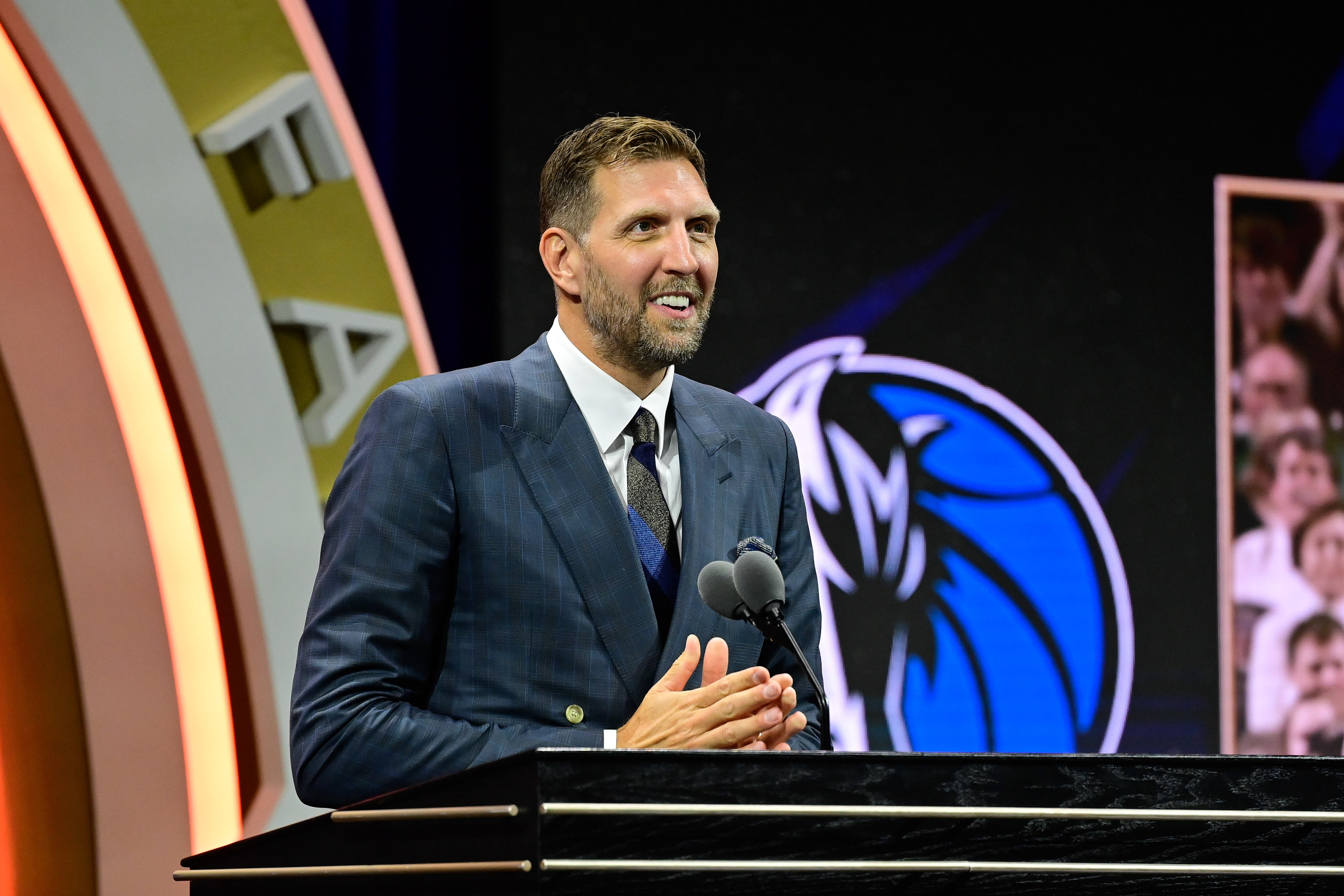 Dirk Nowitzki gives his speech as he is inducted into the 2023 Basketball Hall of Fame at Symphony Hall. Photo Credit: Imagn