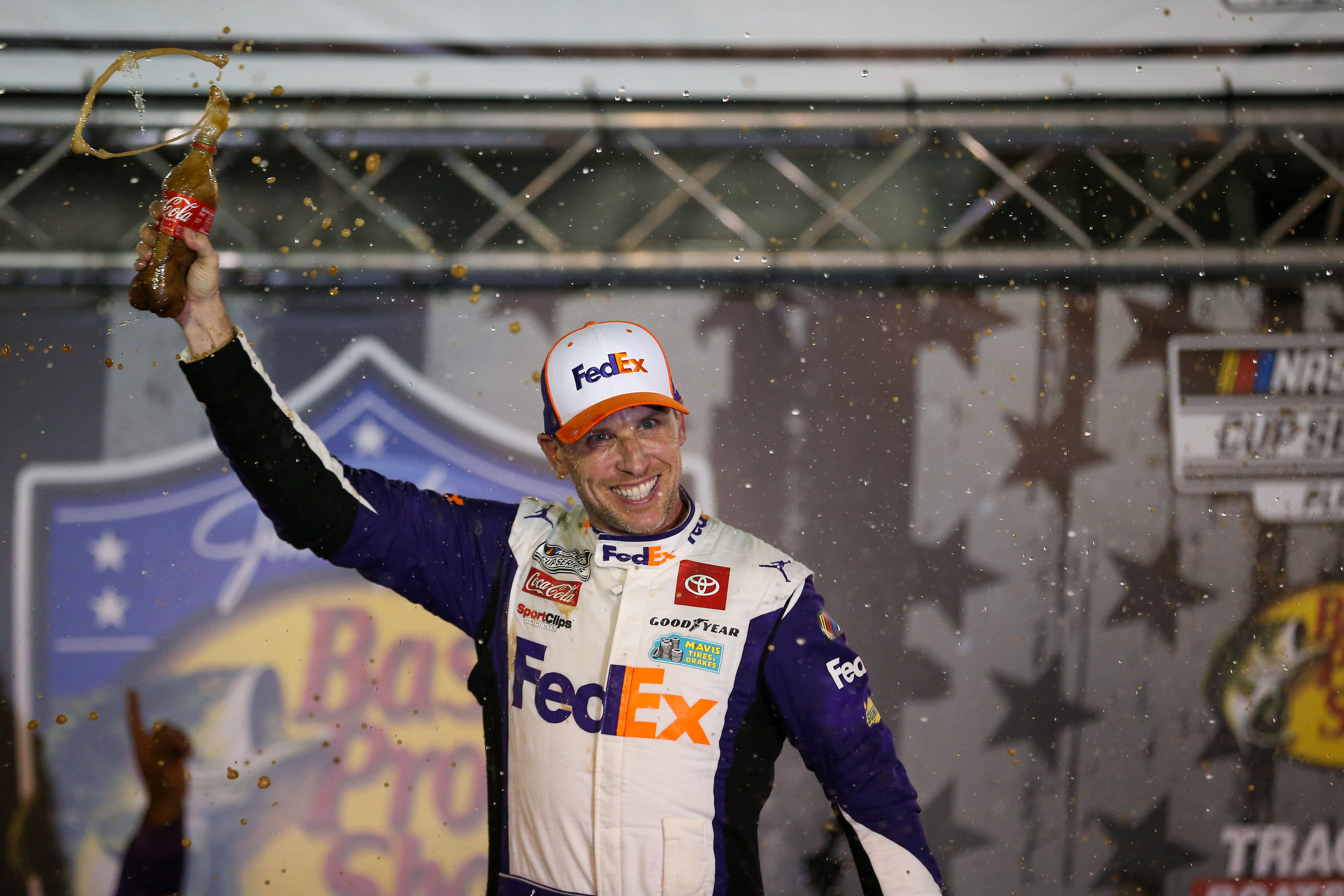 NASCAR Cup Series driver Denny Hamlin (11) wins the Bass Pro Shops Night Race at Bristol Motor Speedway (Source: Imagn)