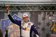NASCAR Cup Series driver Denny Hamlin (11) wins the Bass Pro Shops Night Race at Bristol Motor Speedway (Source: Imagn)