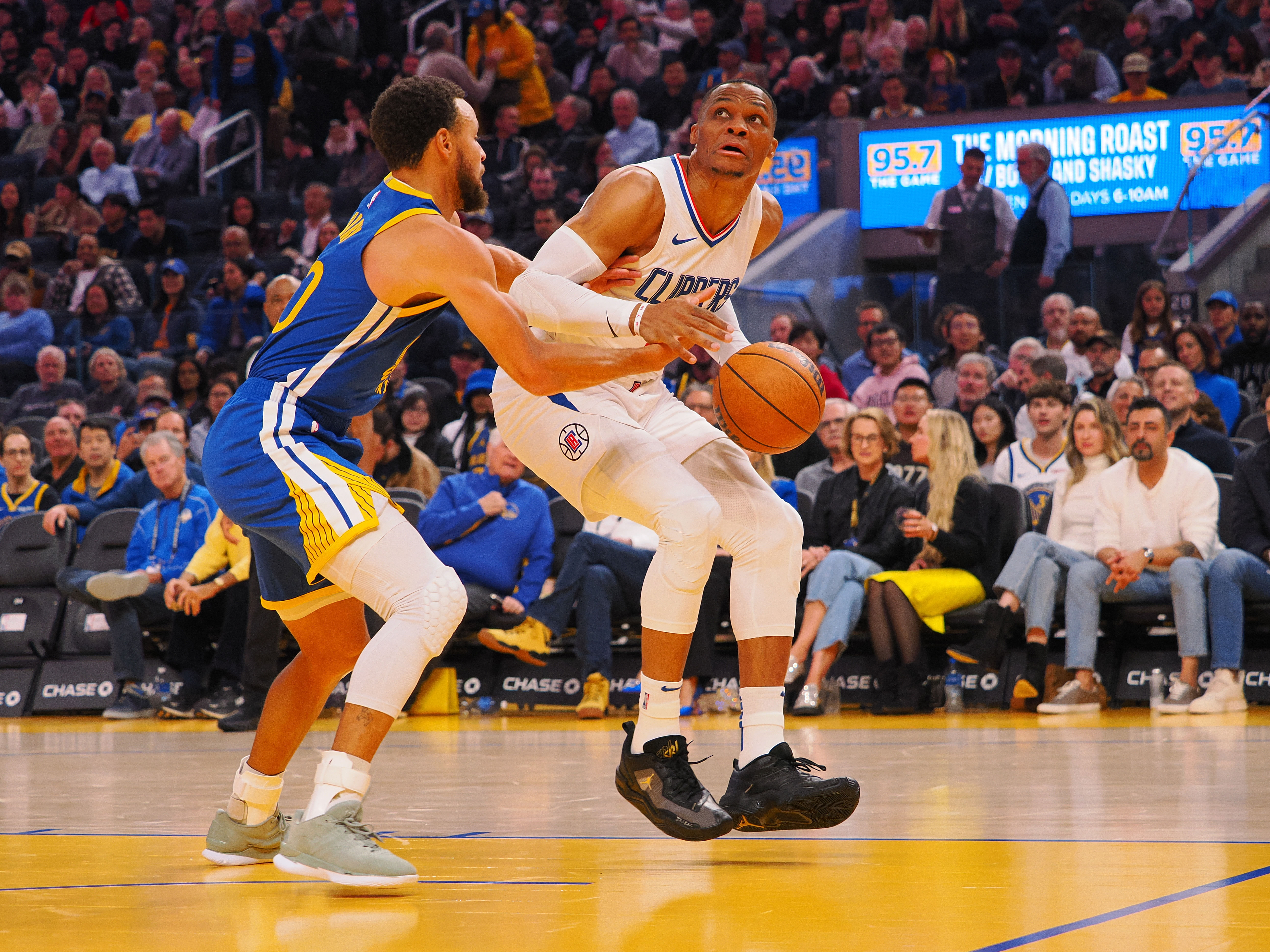 Stephen Curry is called for a foul against guard Russell Westbrook during the first quarter at Chase Center. Photo Credit: Imagn