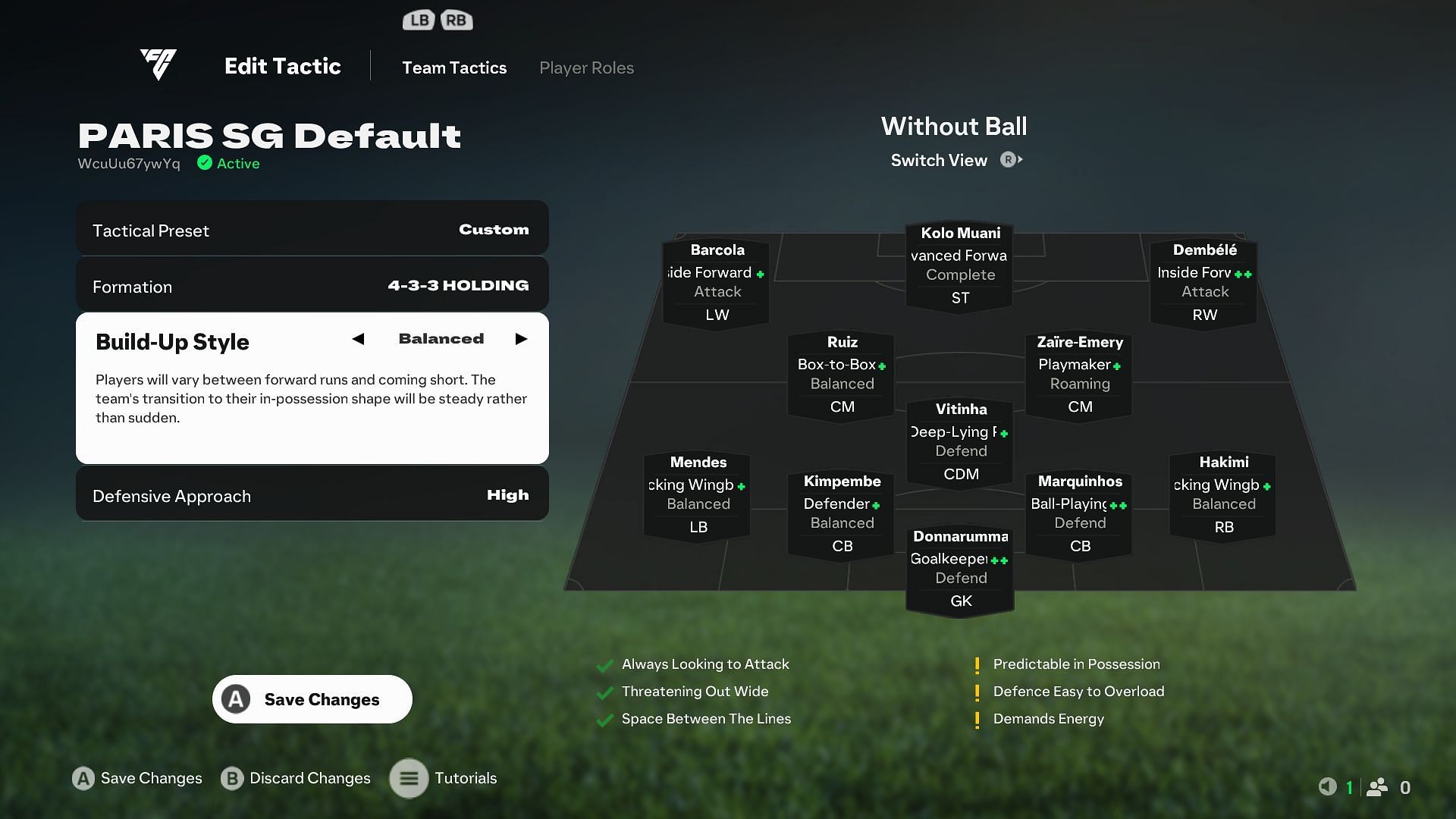 This setup provides you a balance of both offence and defence gameplay when you play PSG (Image via EA Sports)