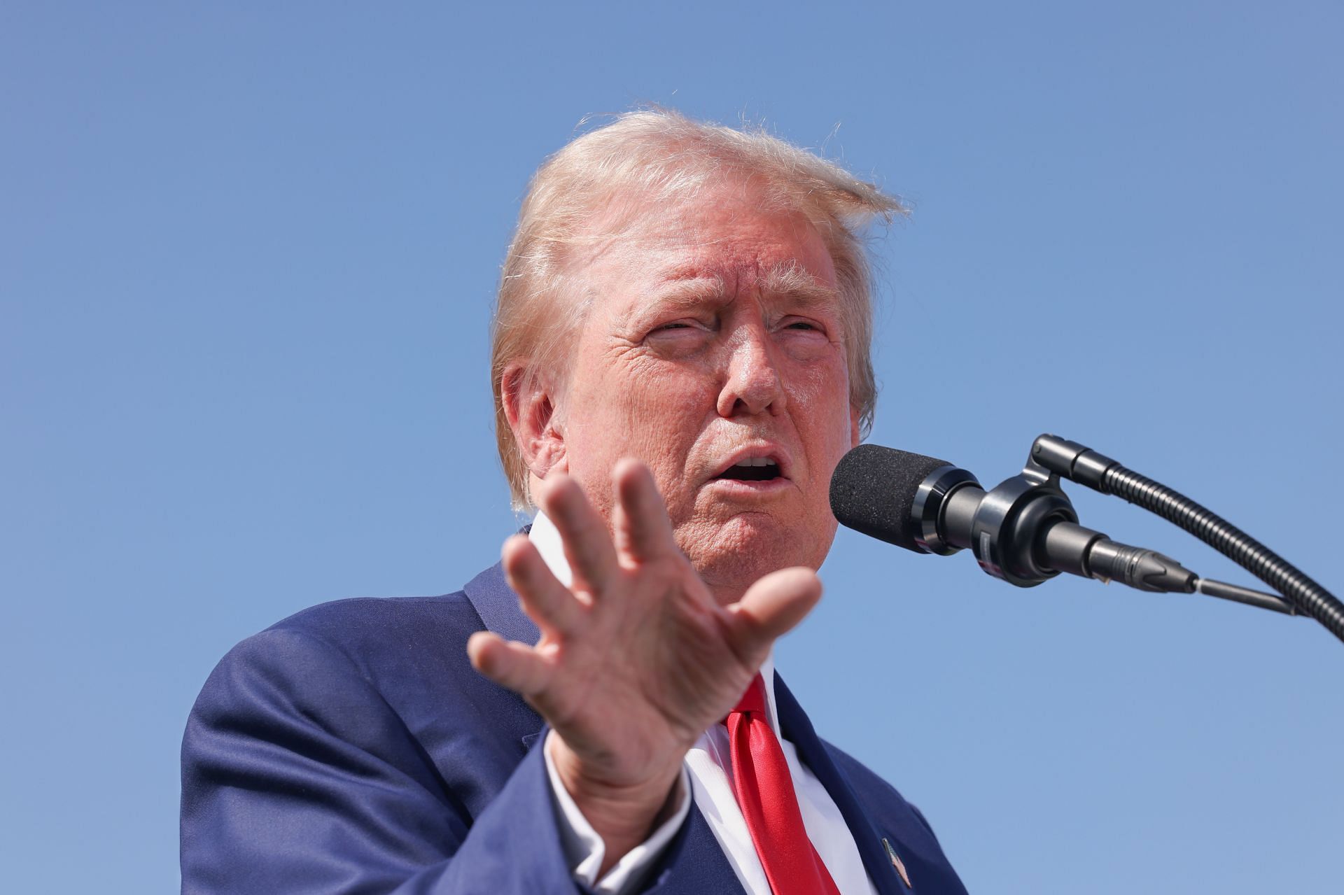 Former President Donald J. Trump speaks at a press conference at his Trump National Golf Course... - Source: Getty