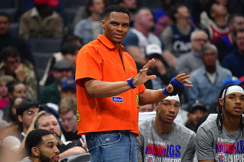 Russell Westbrook watches game action against the Minnesota Timberwolves during the first half at Crypto.com Arena. Photo Credit: Imagn