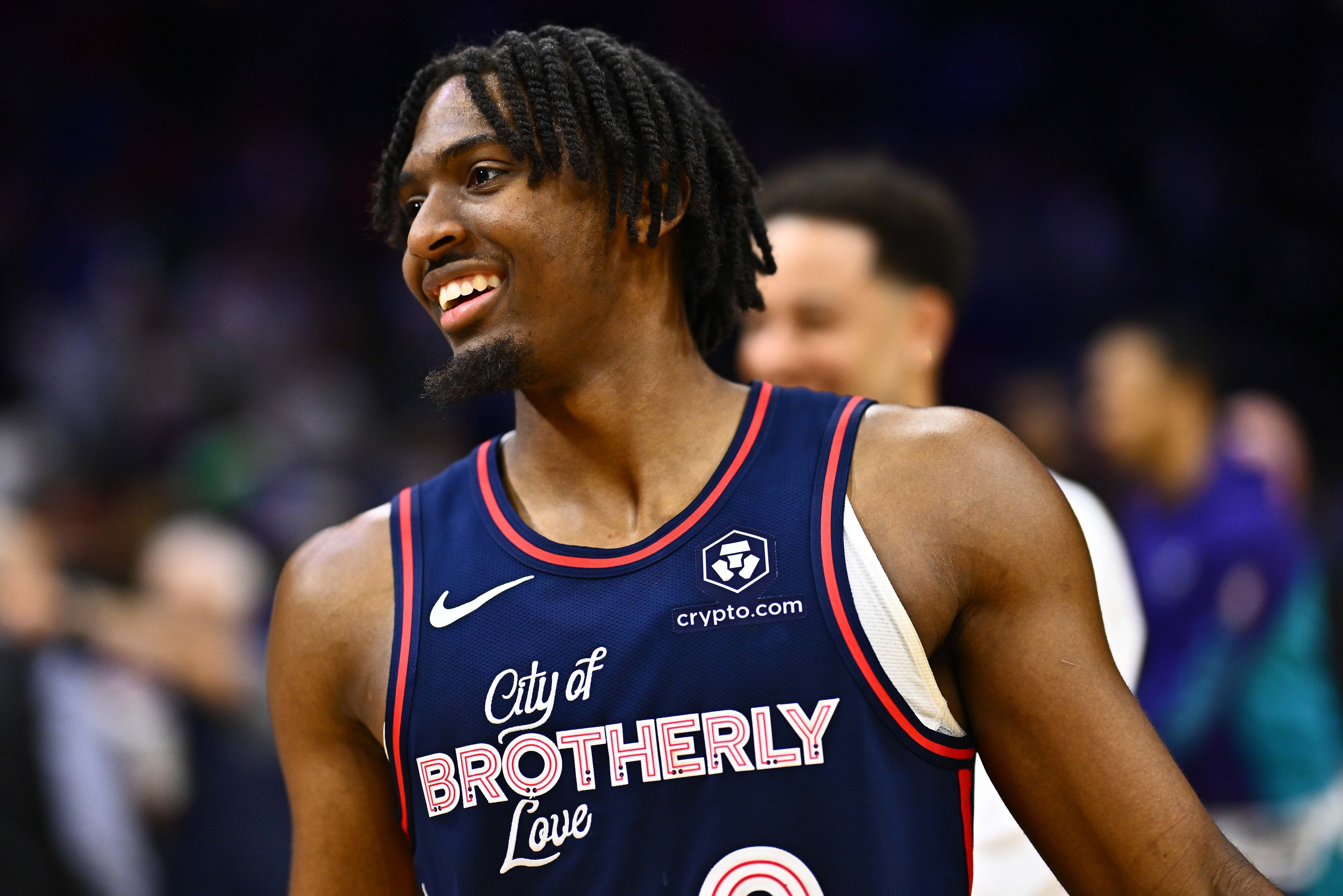 Philadelphia 76ers guard Tyrese Maxey looks on after the game against the Charlotte Hornets at Wells Fargo Center. Photo Credit: Imagn