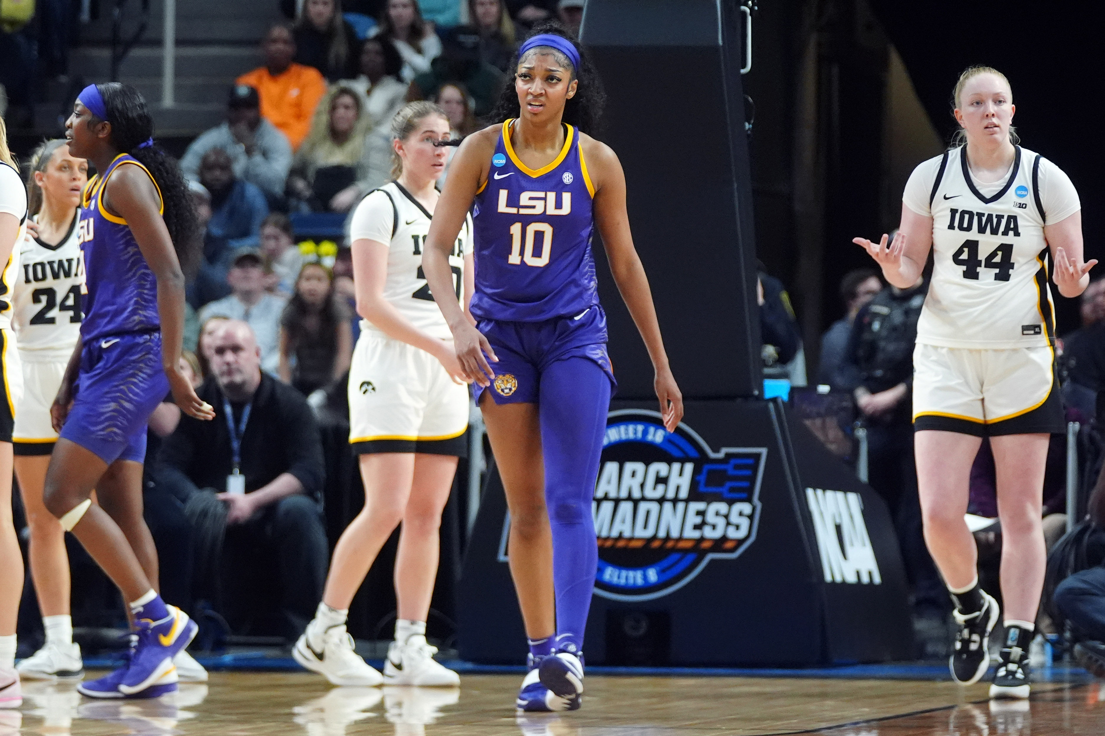 LSU Lady Tigers forward Angel Reese reacts in the finals of the Albany Regional in the 2024 NCAA Tournament. Photo Credit: Imagn