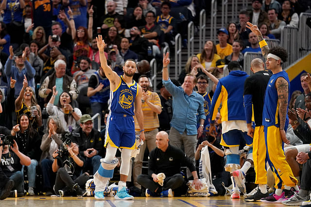 Golden State Warriors guard Stephen Curry reacts after a three point basket at the Chase Center. Photo Credit: Imagn