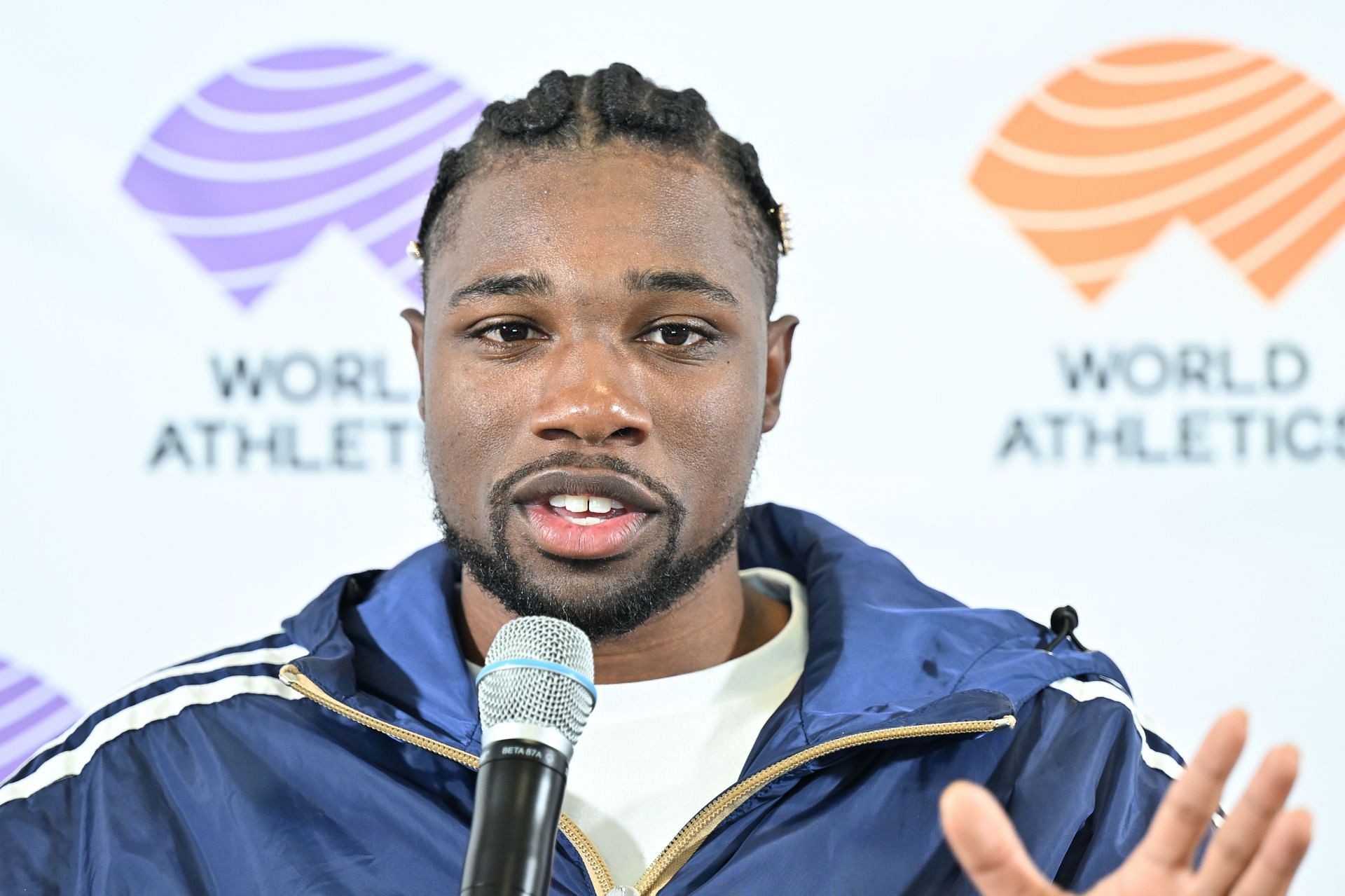 Noah Lyles speaks during a press conference of the World Athletics Awards in Monaco. (Photo via Getty Images)