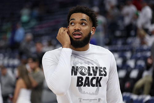 Center Karl-Anthony Towns looks on before the game against the Dallas Mavericks in the 2024 NBA playoffs at Target Center. Photo Credit: Imagn