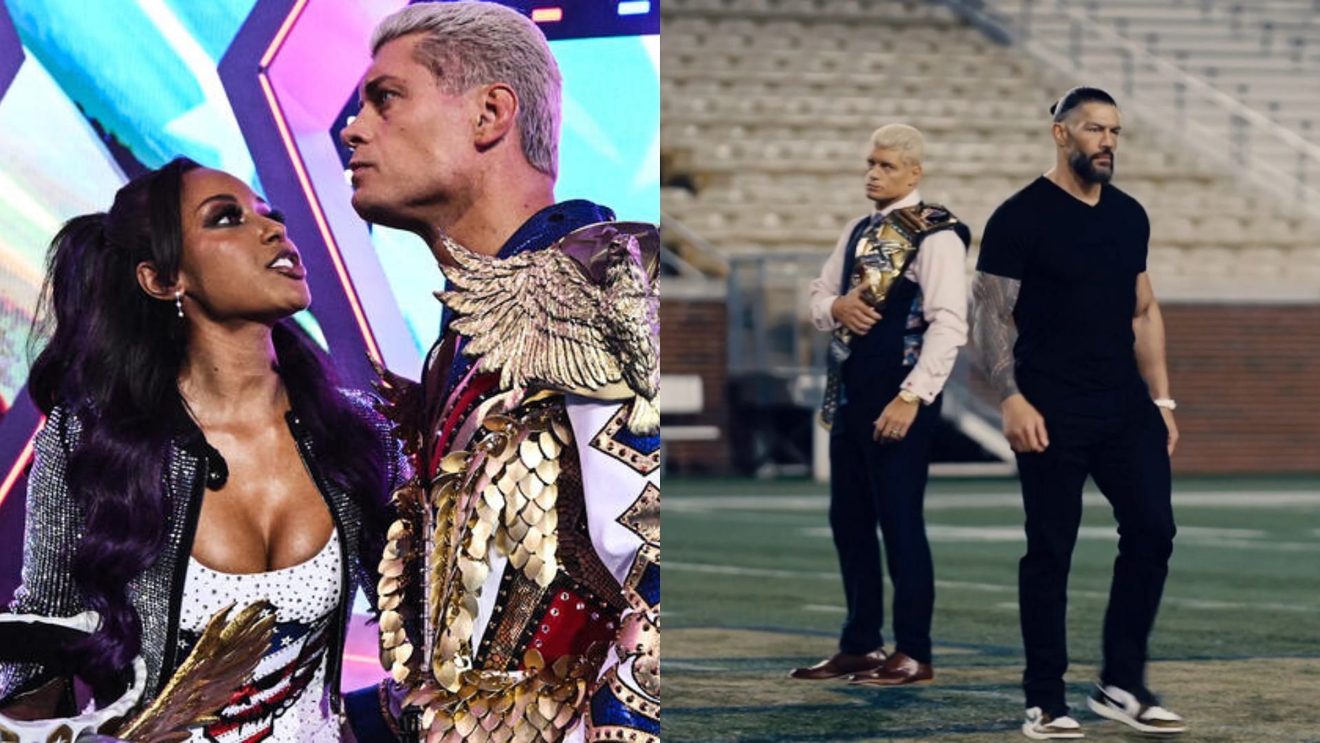 Brandi &amp; Cody Rhodes (left), Cody and Roman Reigns segment (right) (Image Credits: WWE.com)