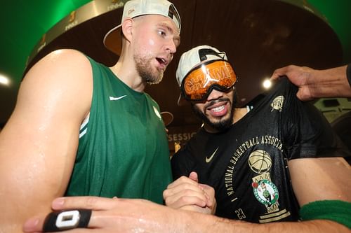 Boston Celtics teammates Jayson Tatum and Kristaps Porzingis celebrating NBA Finals championship victory- Source: Imagn