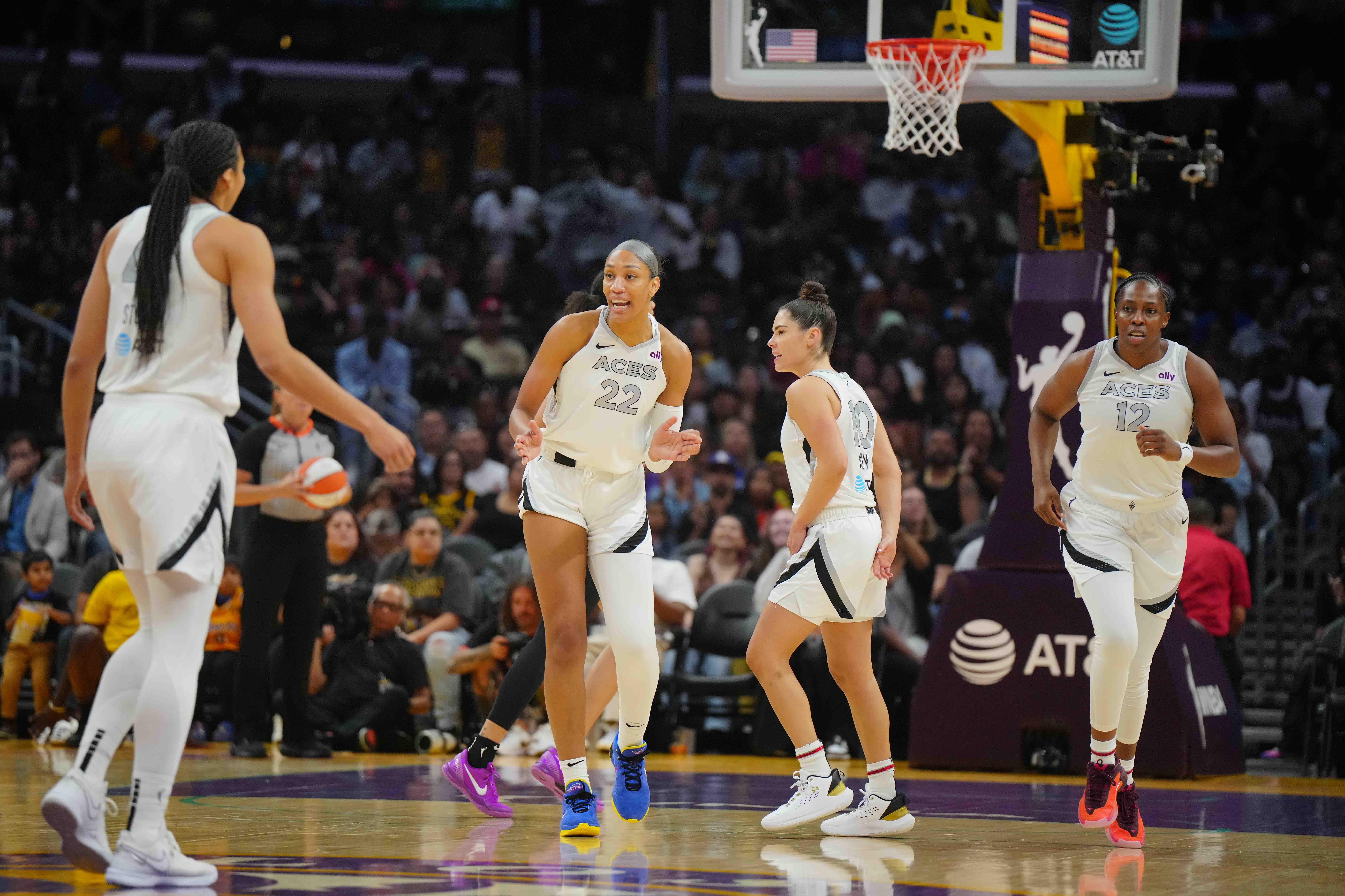 Las Vegas Aces Kiah Stokes, A&#039;ja Wilson, Kelsey Plum and guard Chelsea Gray react against the LA Sparks at Crypto.com Arena. Photo Credit: Imagn