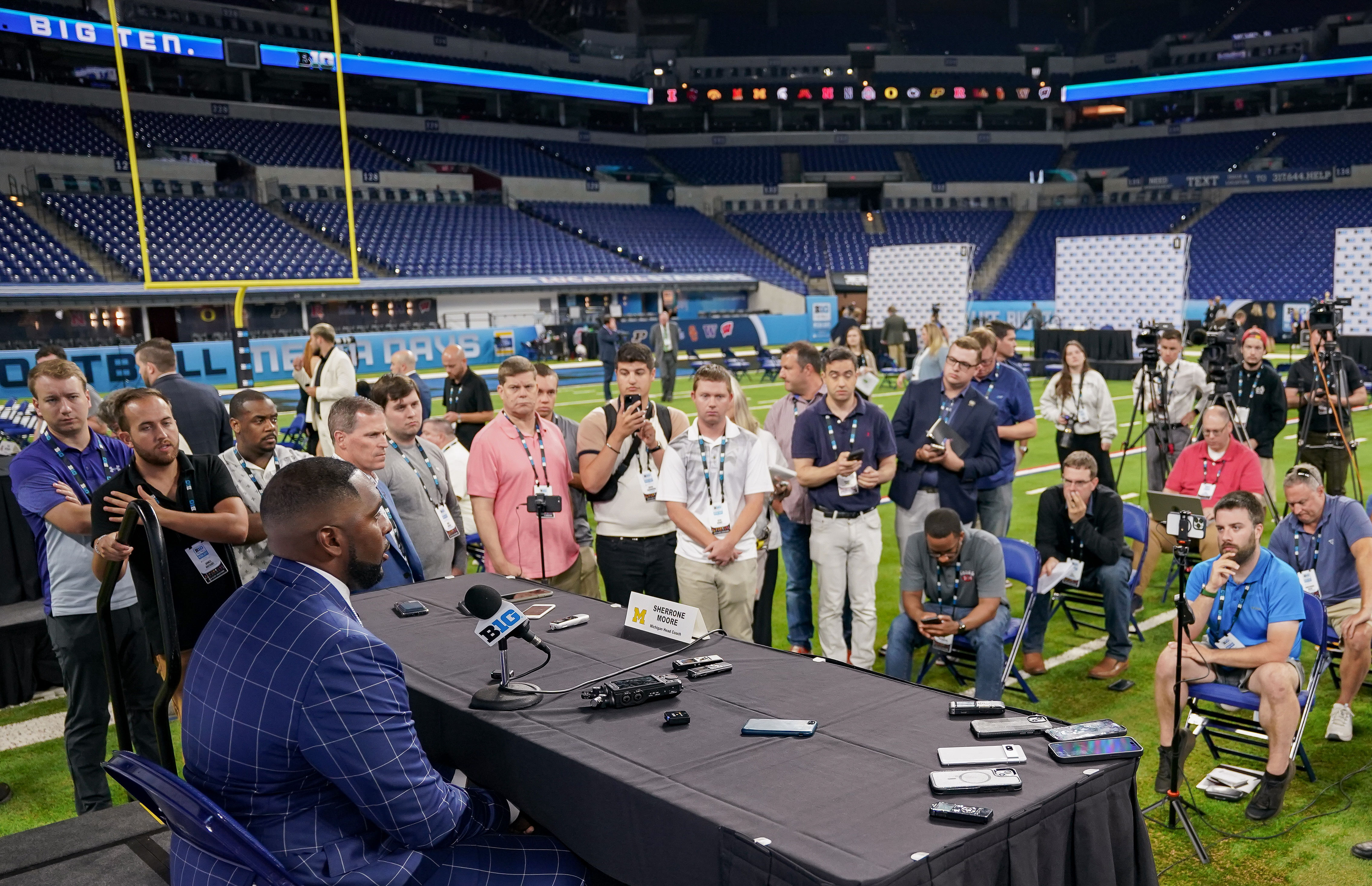 Michigan Wolverines head coach Sherrone Moore speaks to the media - Source: Imagn