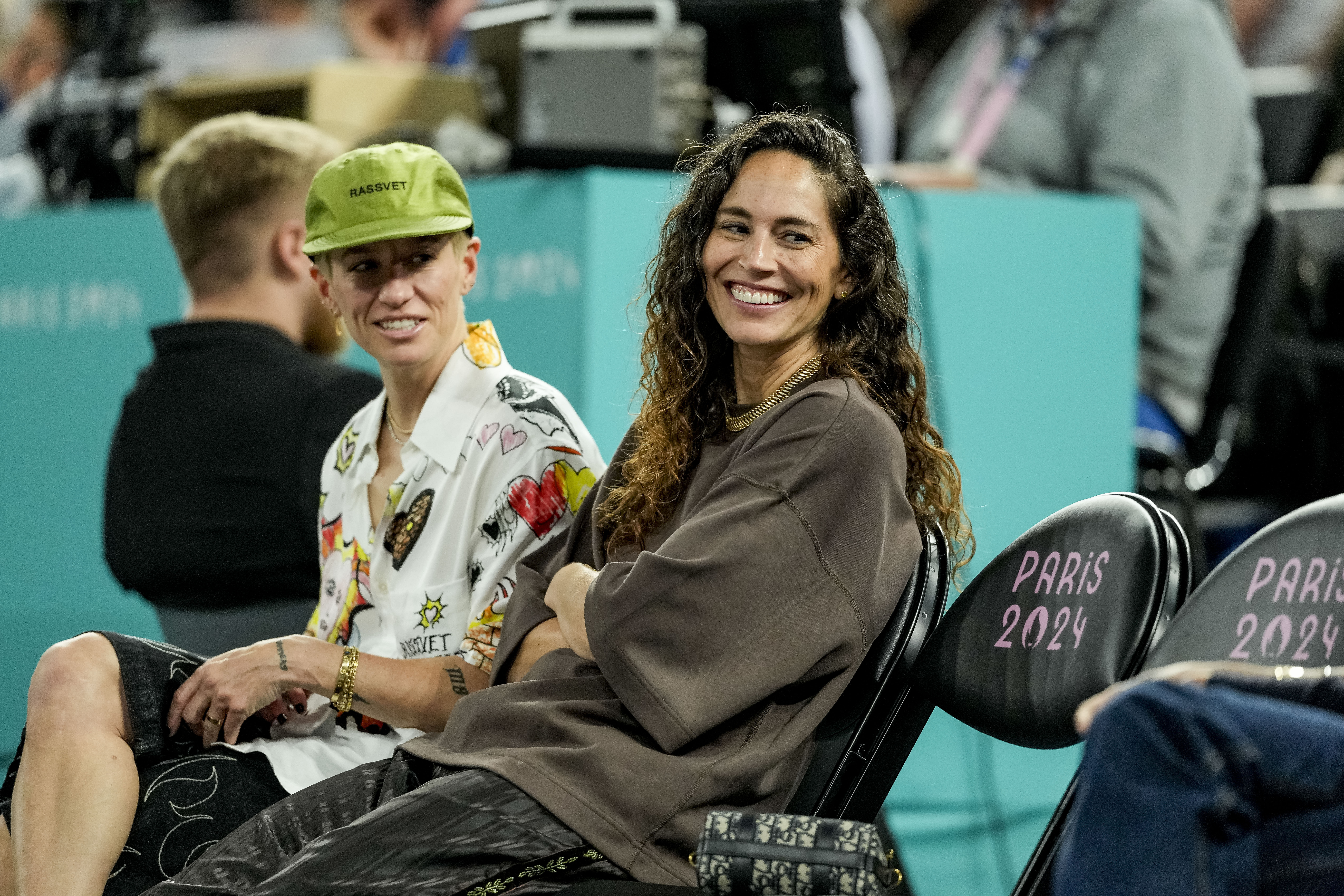 Megan Rapinoe and Sue Bird watch a women&#039;s basketball semifinal game during the Paris 2024 Olympic Summer Games. Photo Credit: Imagn