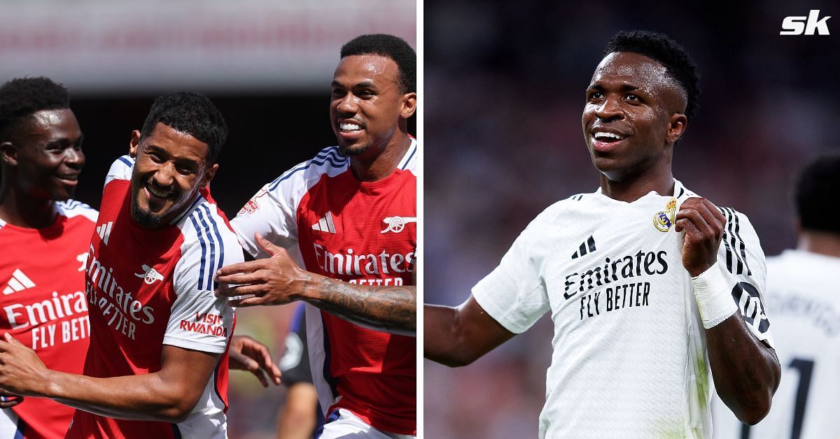 Arsenal players (left) and Vinicius Jr. (right)