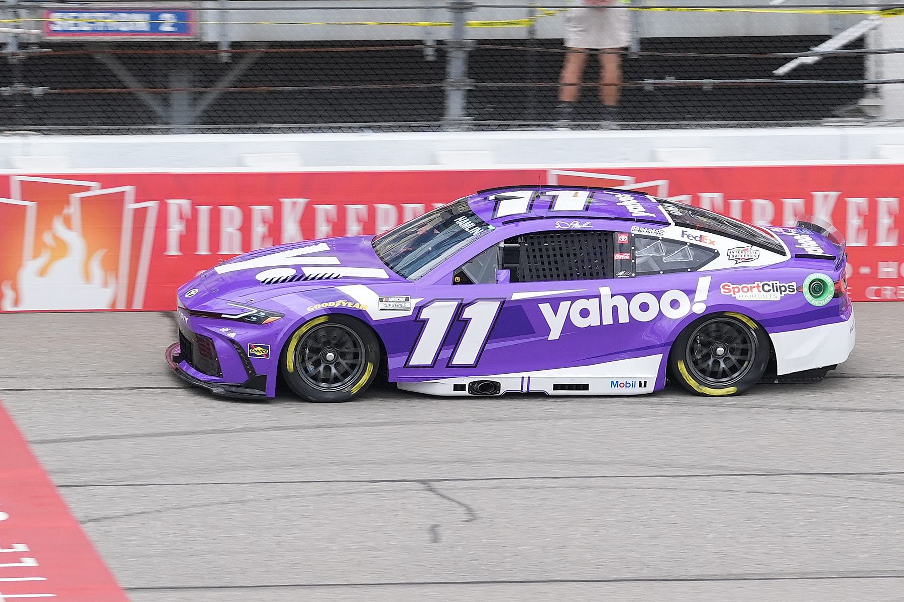 Denny Hamlin runs during Saturday&#039;s practice for the FireKeepers Casino 400 at Michigan International Speedway. Source: Imagn