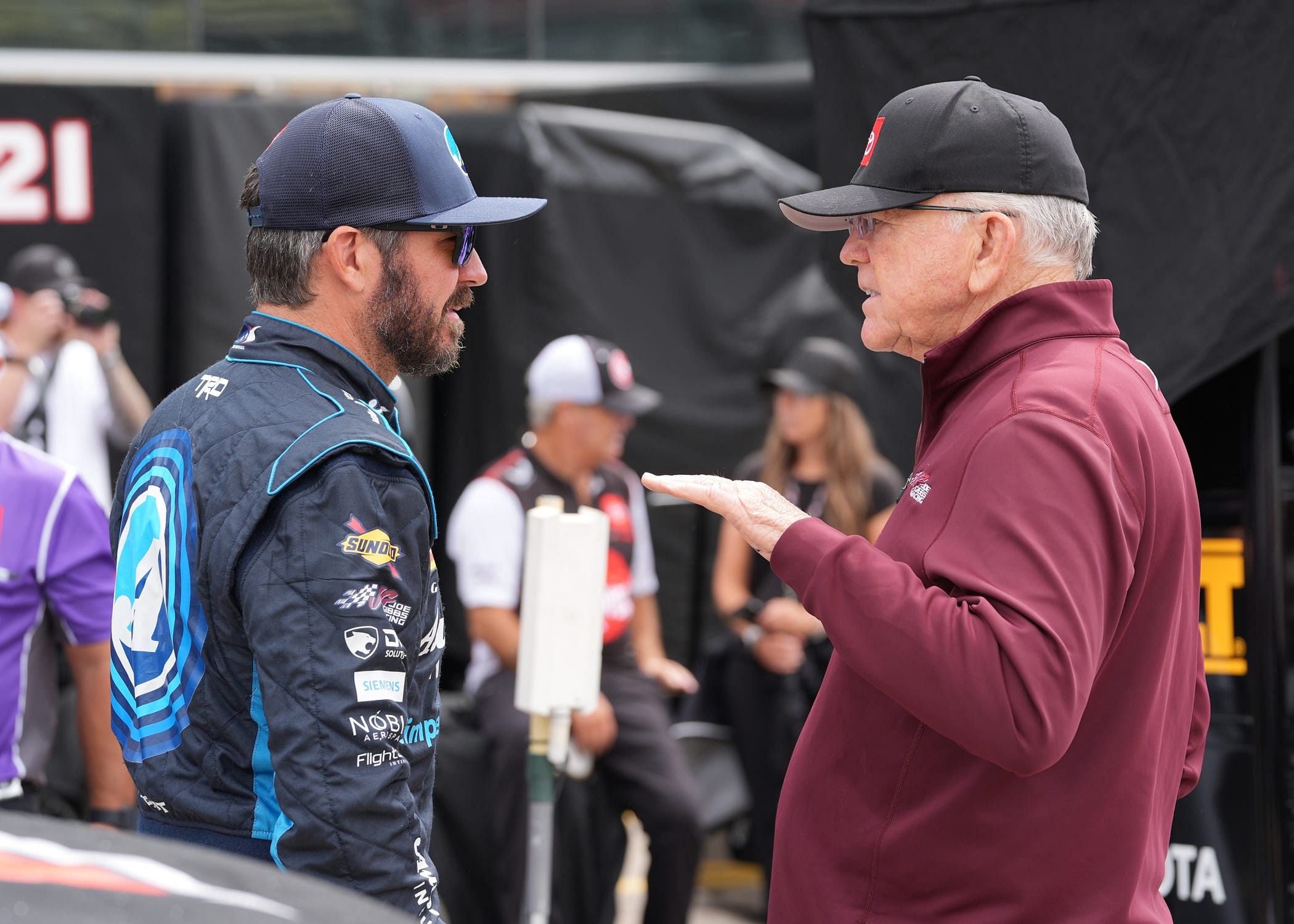 Martin Truex Jr. and team owner Joe Gibbs during the practice for the FireKeepers Casino 400 at Michigan International Speedway (Source: Imagn)