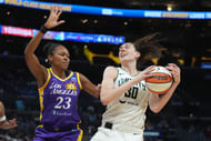 New York Liberty forward Breanna Stewart is defended by LA Sparks forward Azura Stevens at Crypto.com Arena. Photo Credit: Imagn