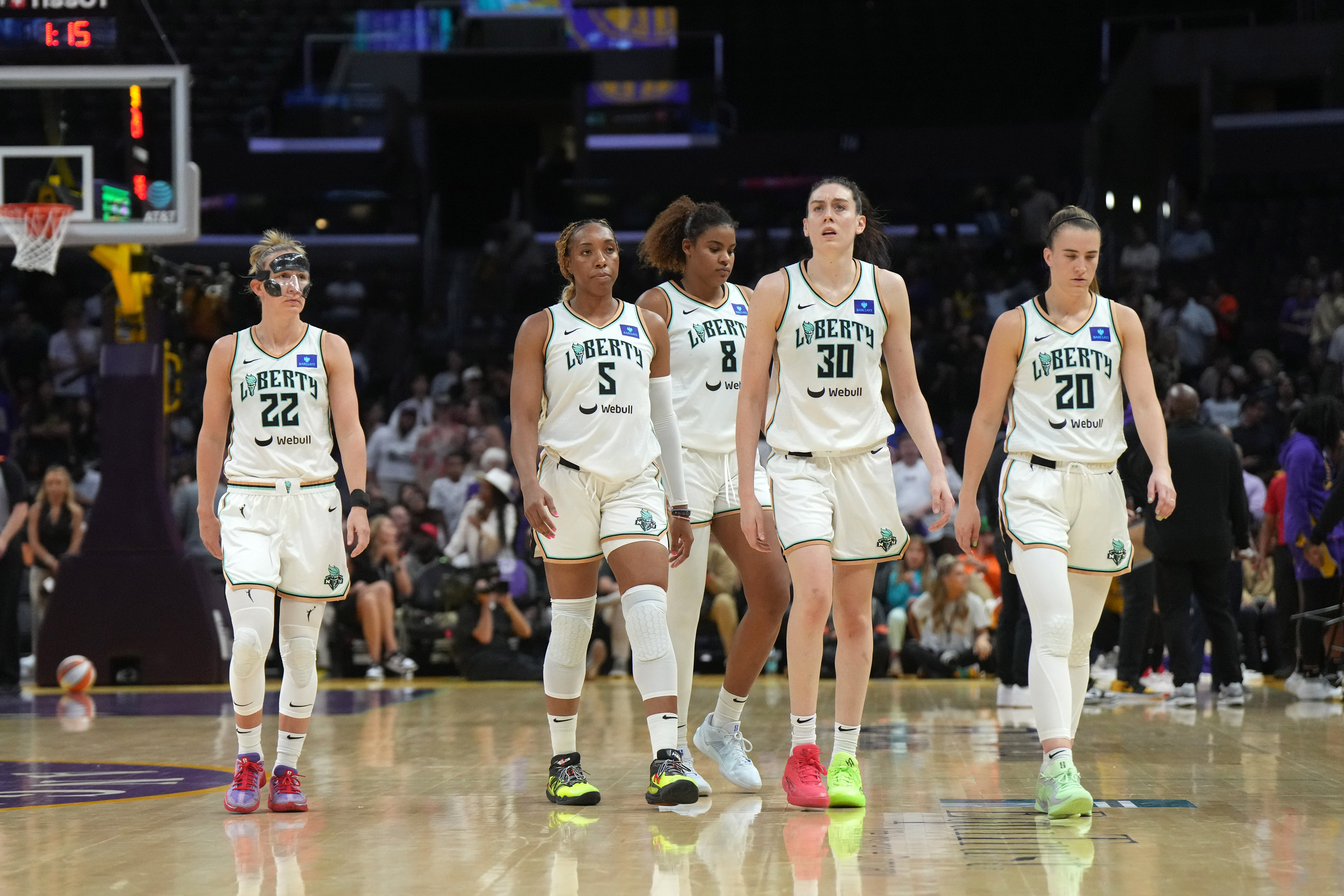 New York Liberty Courtney Vandersloot, Kayla Thornton, Nyara Sabally, Breanna Stewart and Sabrina Ionescu react at Crypto.com Arena. Photo Credit: Imagn