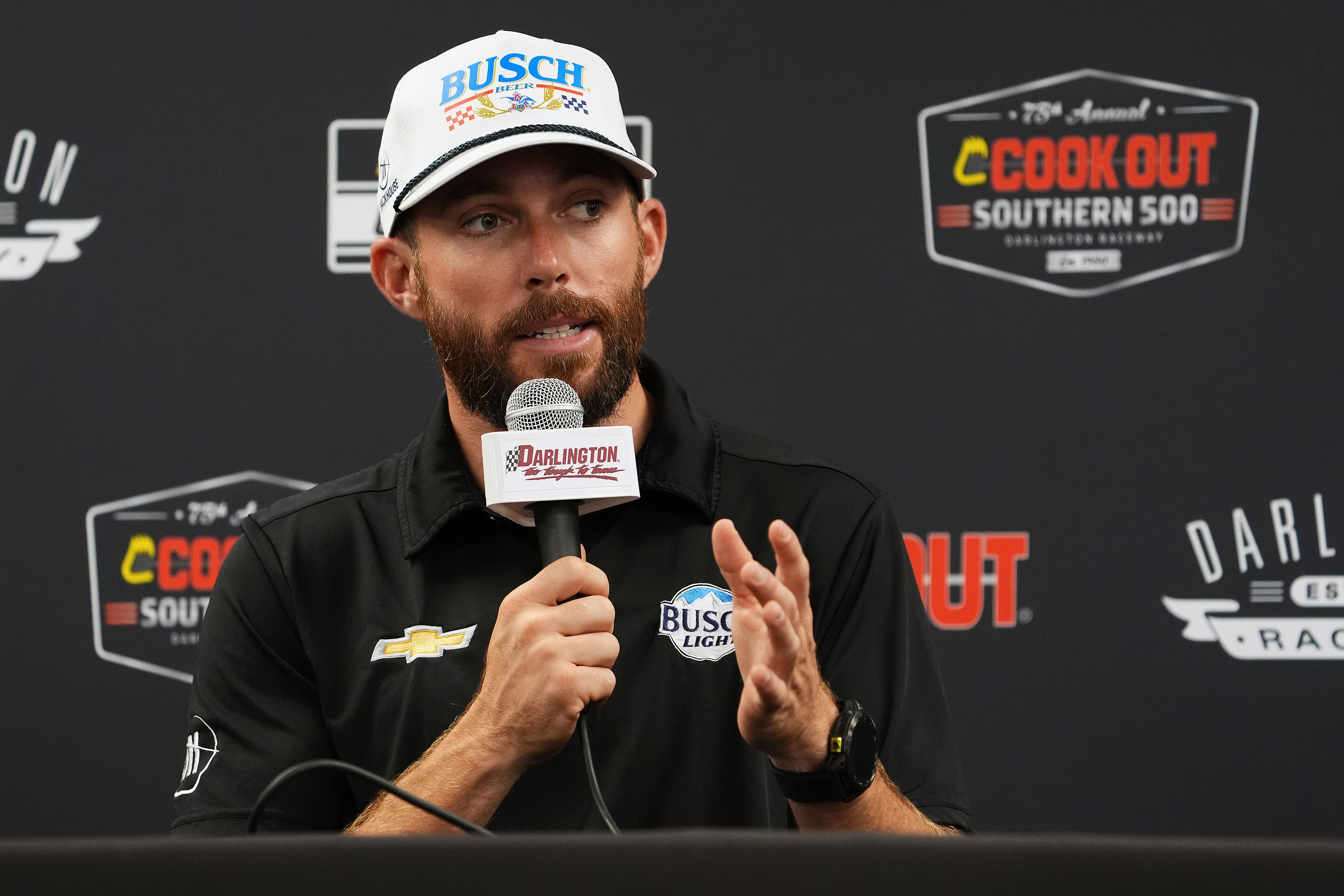 NASCAR Cup Series driver Ross Chastain speaks with the media before practice for the Cook Out Southern 500 at Darlington Raceway. (Source: Imagn)