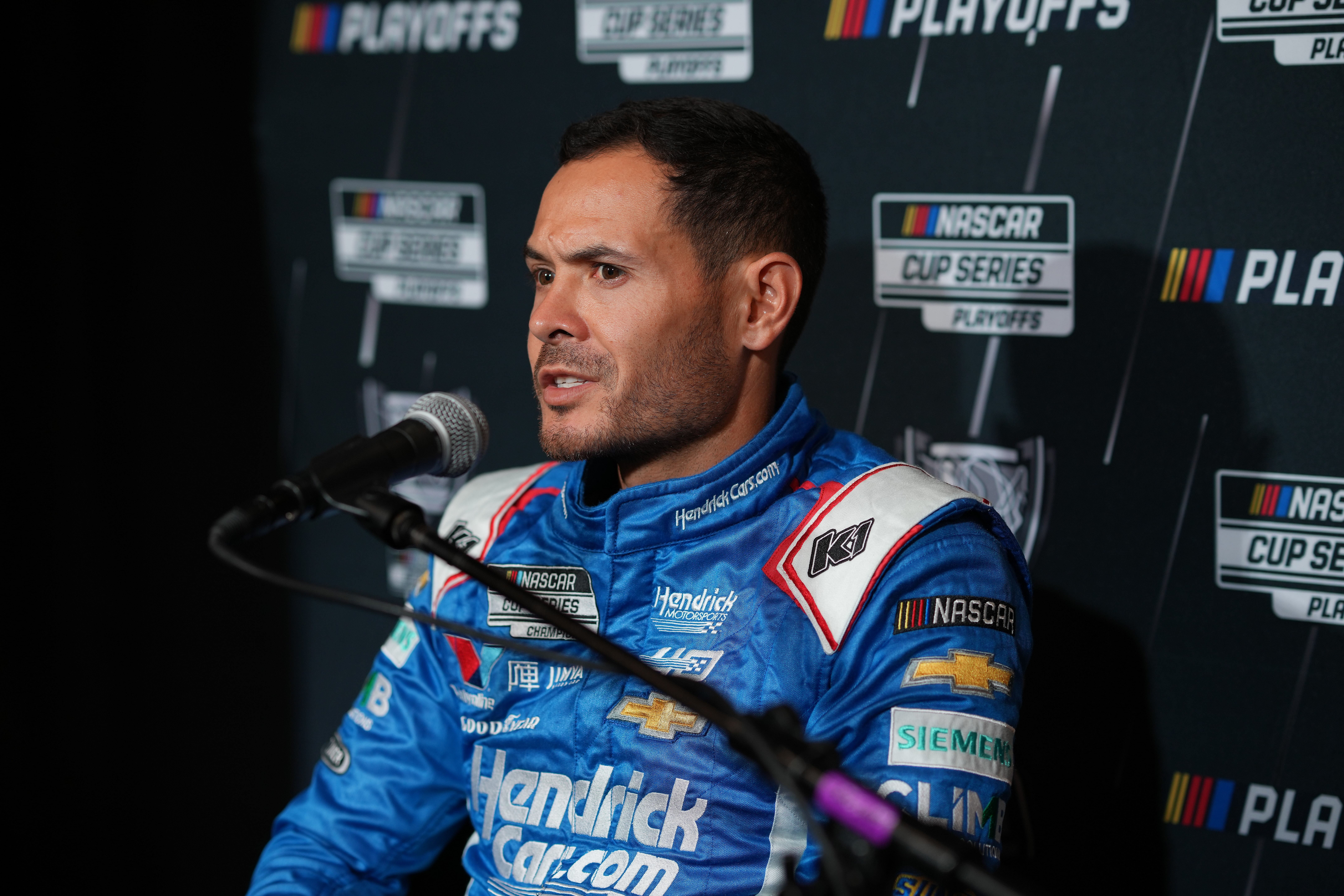 Kyle Larson speaks to media members during the NASCAR Playoffs Media Day at the Charlotte Convention Center (Credit: Imagn Images)