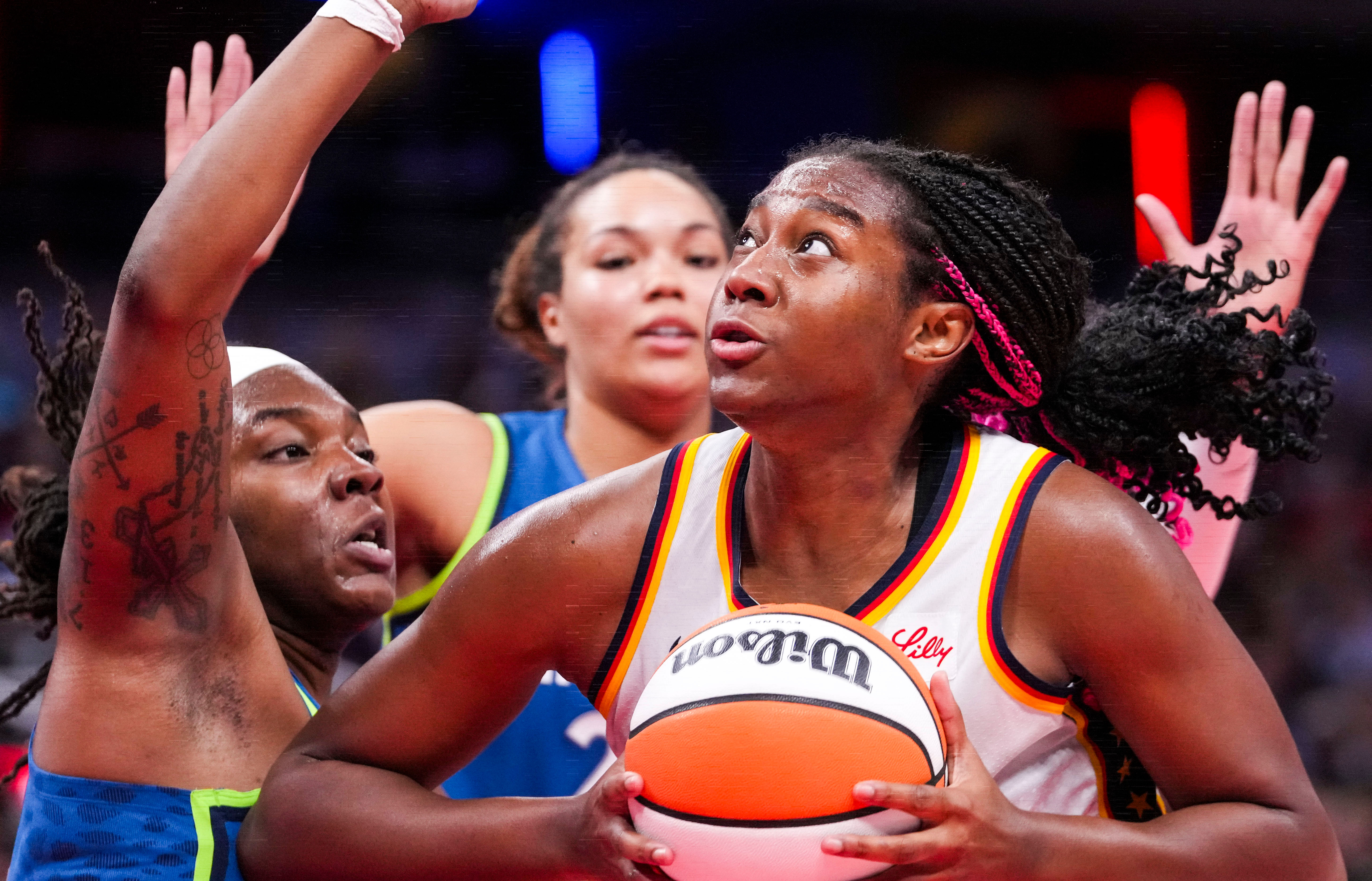 Indiana Fever forward Aliyah Boston looks to shoot against the Minnesota Lynx at Gainbride Fieldhouse in Indianapolis. Photo Credit: Imagn