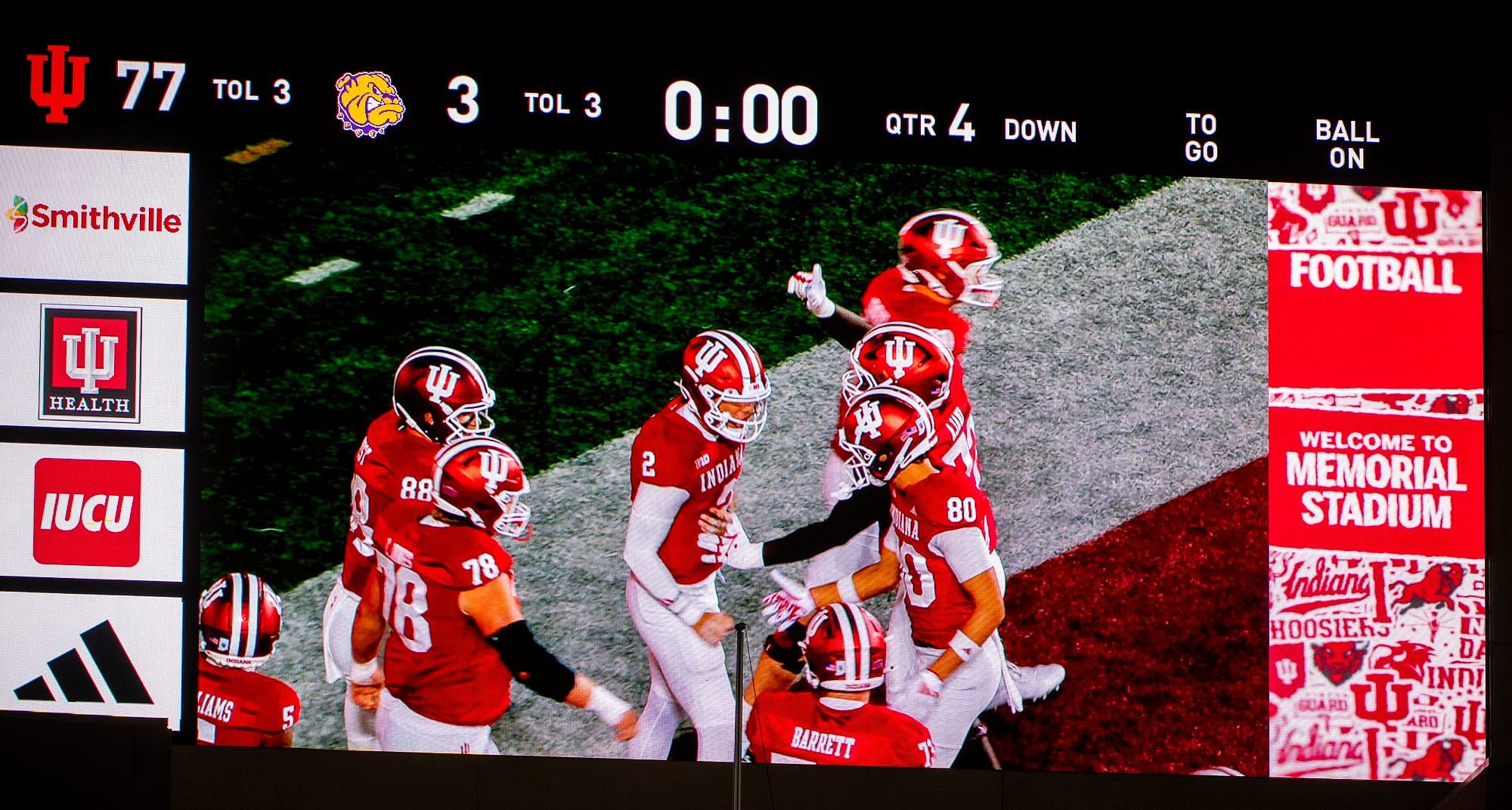 The final score up on the scoreboard after the Indiana versus Western Illinois football game at Memorial Stadium on Friday, Sept. 6, 2024 | Picture credit: Imagn